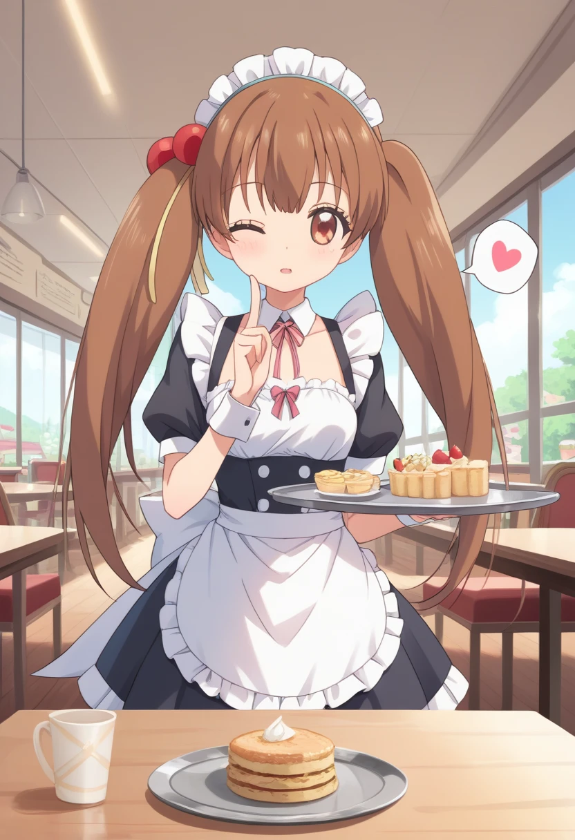 score_9, score_8_up, score_7_up, score_6_up, score_5_up, BREAK
jpairi, twintails, brown hair, hair ornament, hair bobbles, long hair, cafe, maid headdress, maid outfit, tray, one eye closed, spoken heart,