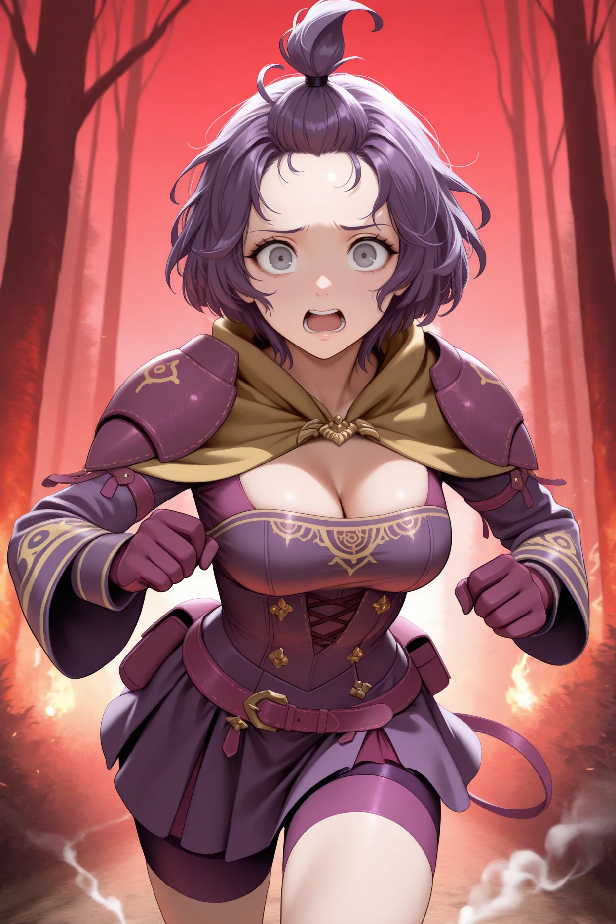 masterpiece, best quality, 1girl, solo, <lora:febernadetta-illu-nvwls-v1-000006:1> 3hopesbndta, purple hair, forehead, topknot, short hair, grey eyes, shoulder pads, yellow capelet, cleavage, cross-laced dress, purple skirt, long sleeves, belt, shorts under skirt, purple gloves, medium breasts, looking at viewer, running, open mouth, scared, forest fire, red sky, smoke