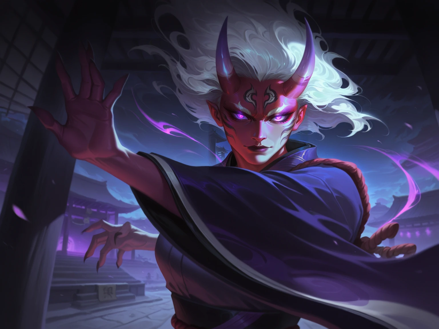 <lora:LeagueOfLegendsV4:0.15>,
adult female, white hair, purple eyes, glowing eyes, japanese clothes, oni horns, temple, wind, indoors, solo, night, upper body, close-up, dynamic pose,
, [five fingers], <lora:LeagueOfLegendsIL:0.8>