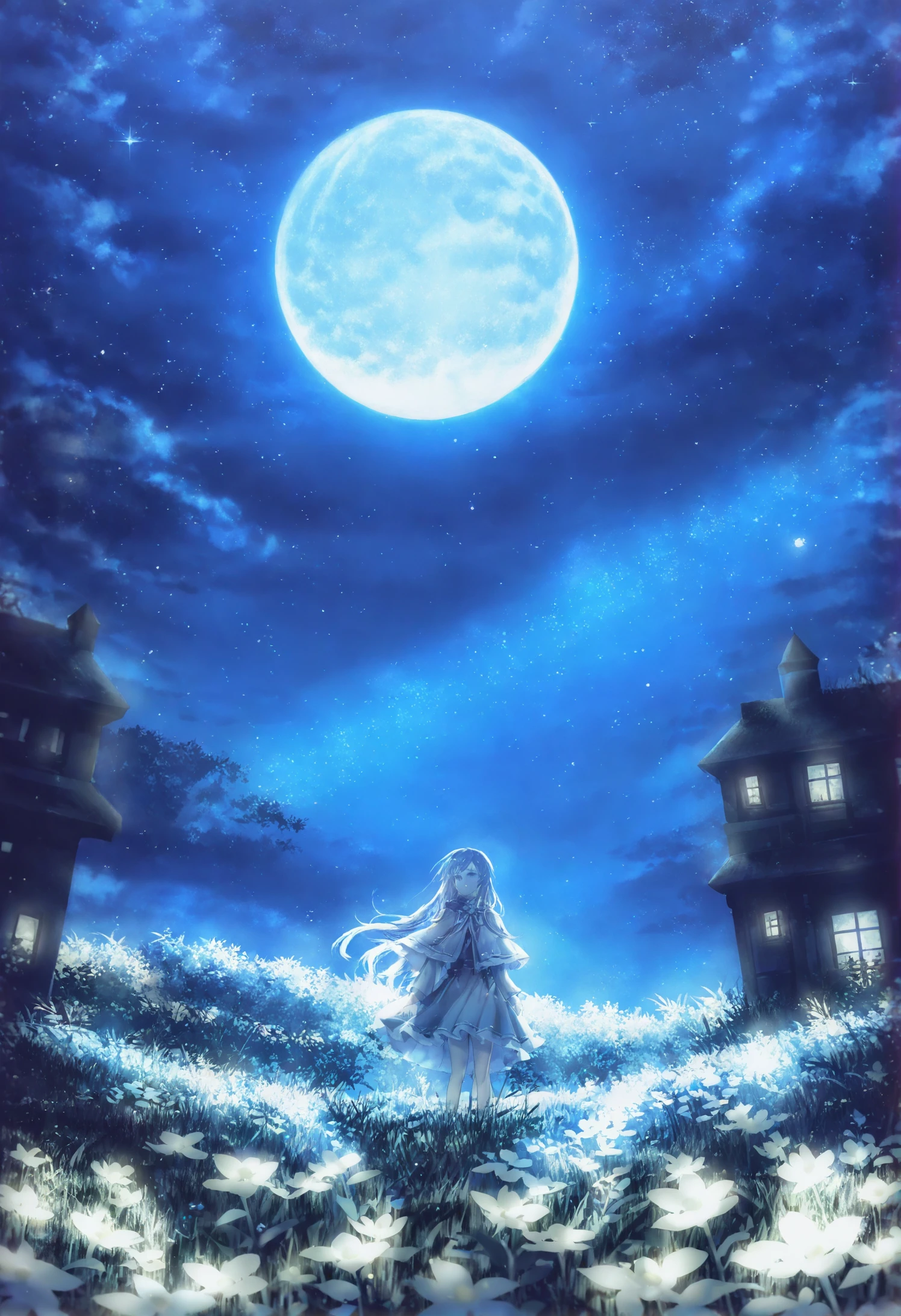 1girl, blue theme, scenery, moon, grass, solo, long hair, fantasy, night, sky, outdoors, monochrome, dress, full moon, star \(sky\), starry sky, fish, standing, night sky, flower, building, capelet 
,best quality,very aesthetic,absurdres
 <lora:æè±lokr_for_illustrious-000145:0.95>