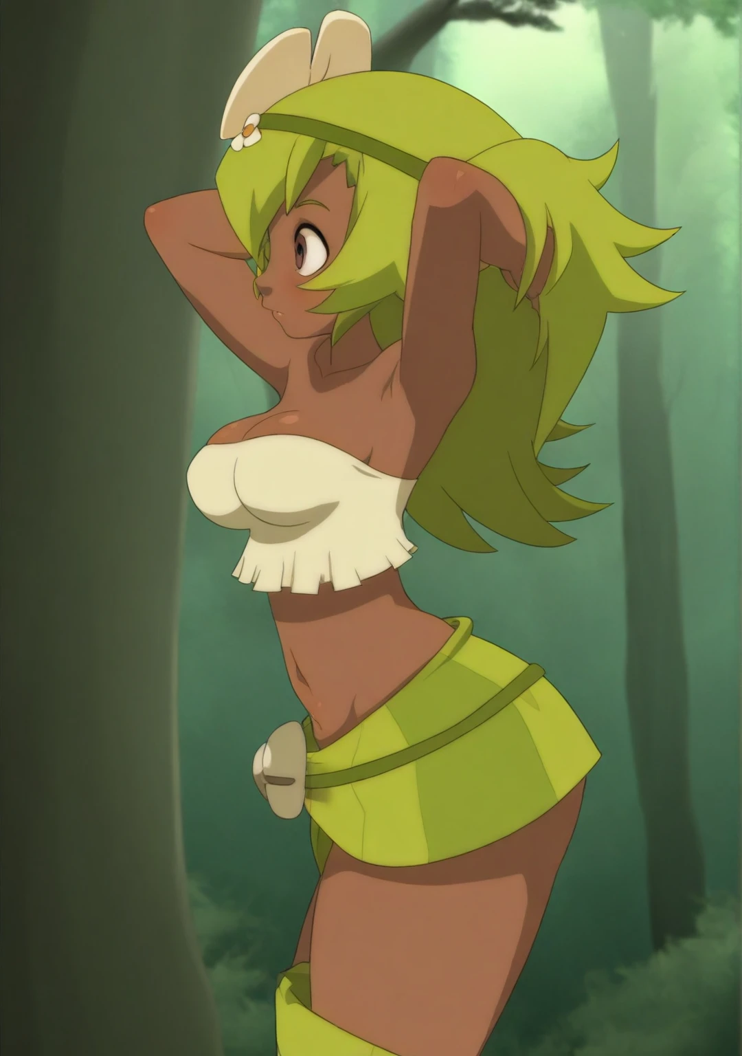 masterpiece,best quality,amazing quality, 1girl, solo, breasts, <lora:IlluAmalia:1> illuamalia, dark-skinned female, brown eyes, green hair, long hair, hairband, hair flower, white bandeau, green miniskirt, midriff, green ankle wrap, forest, from side, arms behind head, hands in own hair,