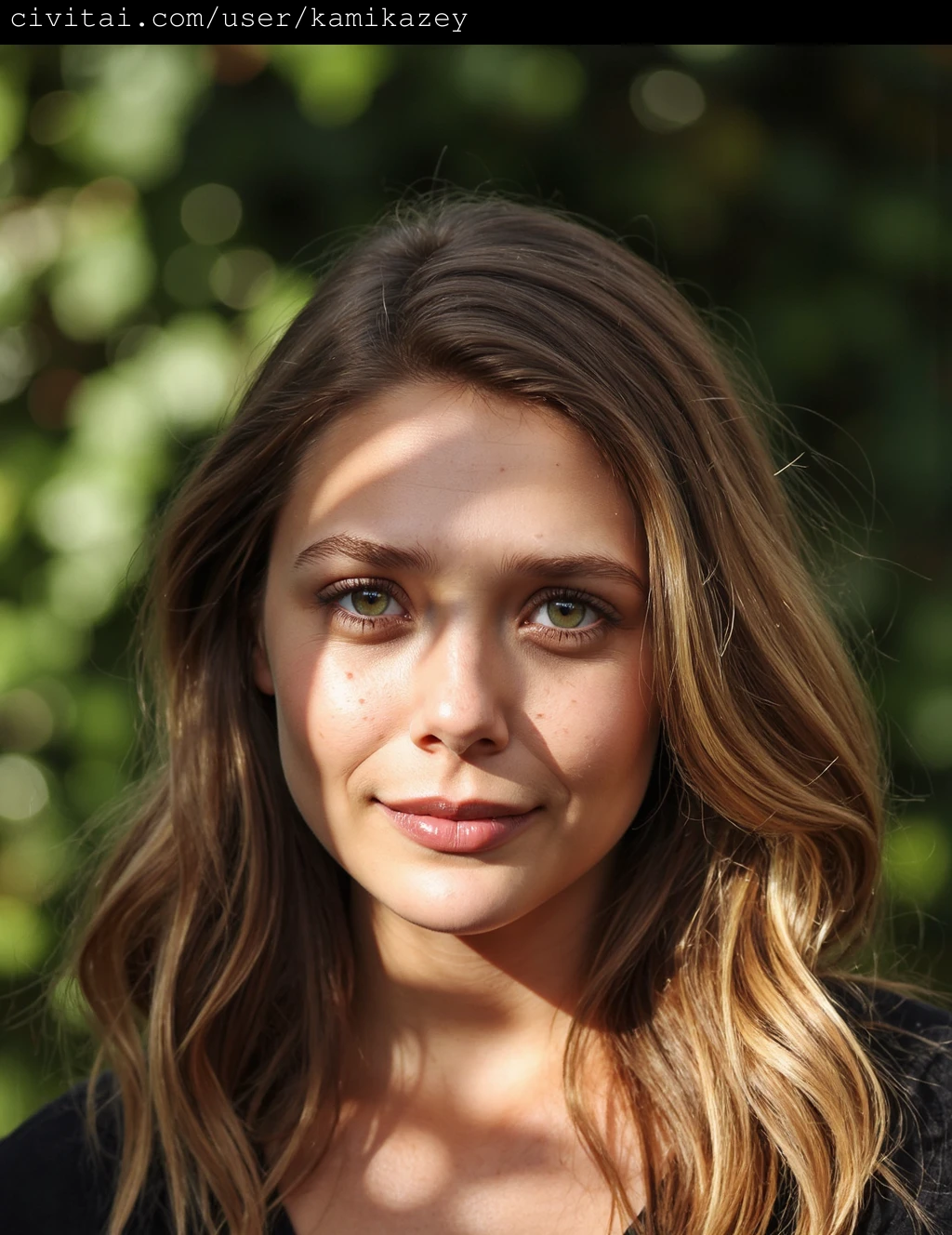 This is a high-resolution photograph capturing elizabeth_olsen with light brown, wavy hair cascading down her shoulders. The image is taken outdoors, with dappled sunlight filtering through green foliage, creating a pattern of light and shadow on her face. She has fair skin with a natural glow, dotted with freckles, and her expression is calm and introspective. Her green eyes are wide open, gazing directly at the camera with a hint of curiosity. The texture of her hair appears soft and voluminous, with the sunlight highlighting its natural curl. She wears a simple, dark-colored top, which contrasts with her hair and skin tone. The background is blurred, focusing attention on her face and the interplay of light and shadow. The photograph employs a shallow depth of field, which accentuates the subject's features and softens the background, giving it a dreamy, ethereal quality.