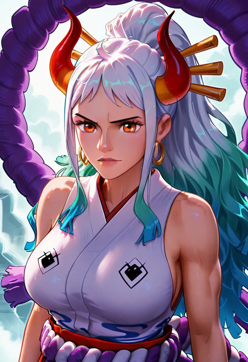 masterpiece, best quality, newest, absurdres, highres, SpiderversestyleIL-V1.0, 1girl, yamato \(one piece\), curled horns, red horns, multicolored horns, orange eyes, white hair, green hair, long hair, multicolored hair, aqua hair, gradient hair, blue hair, sidelocks, ponytail, high ponytail, hair stick, large breasts, sleeveless kimono, bare shoulders, hoop earrings, earrings, shimenawa, toned