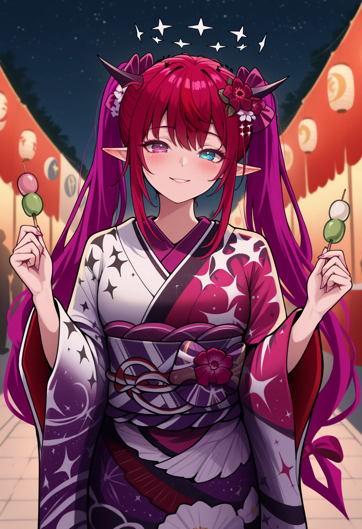 masterpiece, best quality, 1girl, solo, 1RySNwYrs, heterochromia, purple eye, blue eye, horns, double halo, multicolored hair, purple hair, long hair, twintails, hair flower, multicolored kimono, purple kimono, white kimono, print kimono, wide sleeves, obi, holding dango, outdoors, night, starry sky, festival, looking at viewer, smile, blush, <lora:ChamIRySIllustriousXL:1>