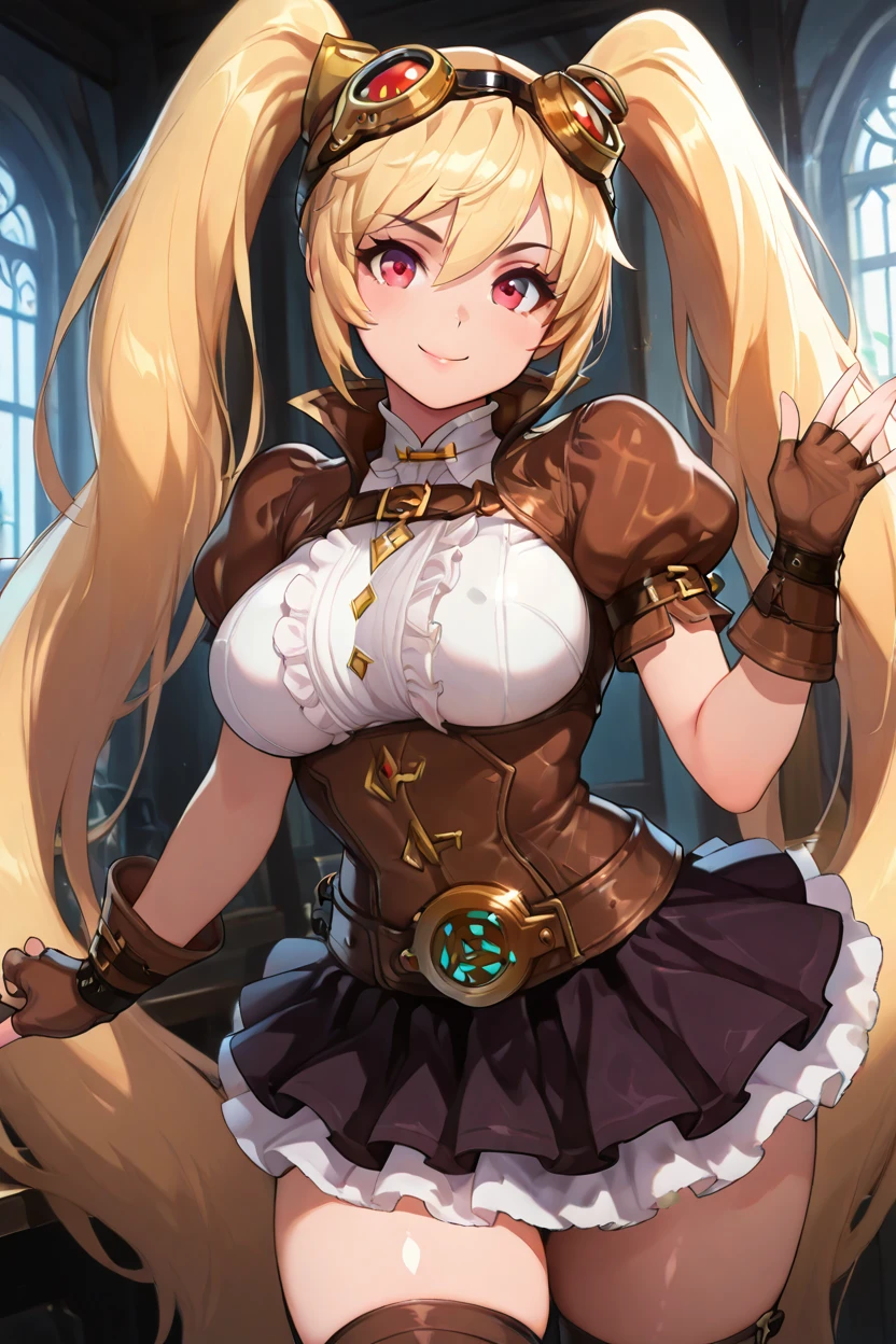 masterpiece, best quality, solo, curvy, beautiful eyes, zzLayla, solo, 1girl, twintails, blonde, blonde hair, long hair, very long hair, red eyes, goggles, goggles on head, gloves, thighhighs, skirt, short sleeves, fingerless gloves, puffy sleeves, brown gloves, puffy short sleeves,   <lora:LaylaMLIXL:1.0>, dynamic pose, cowboy shot, smile, looking at viewer, shiny skin,