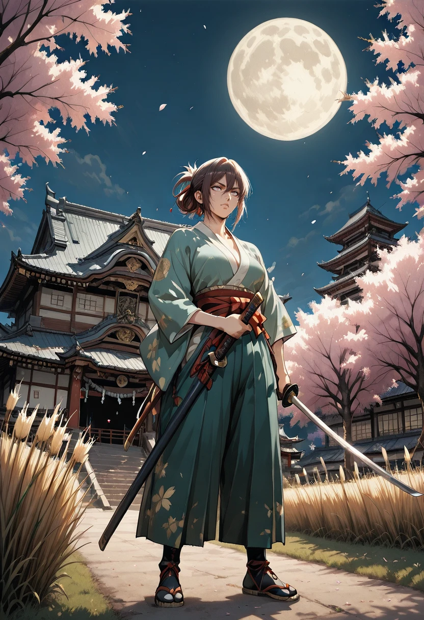 1girl, gc_lynway  <lora:Lynway:0.8>,  vintage style, samurai, japanese clothes, cherry blossoms, japanese castle, holding weapon, katana, moon, night, Japanese pampas grass,