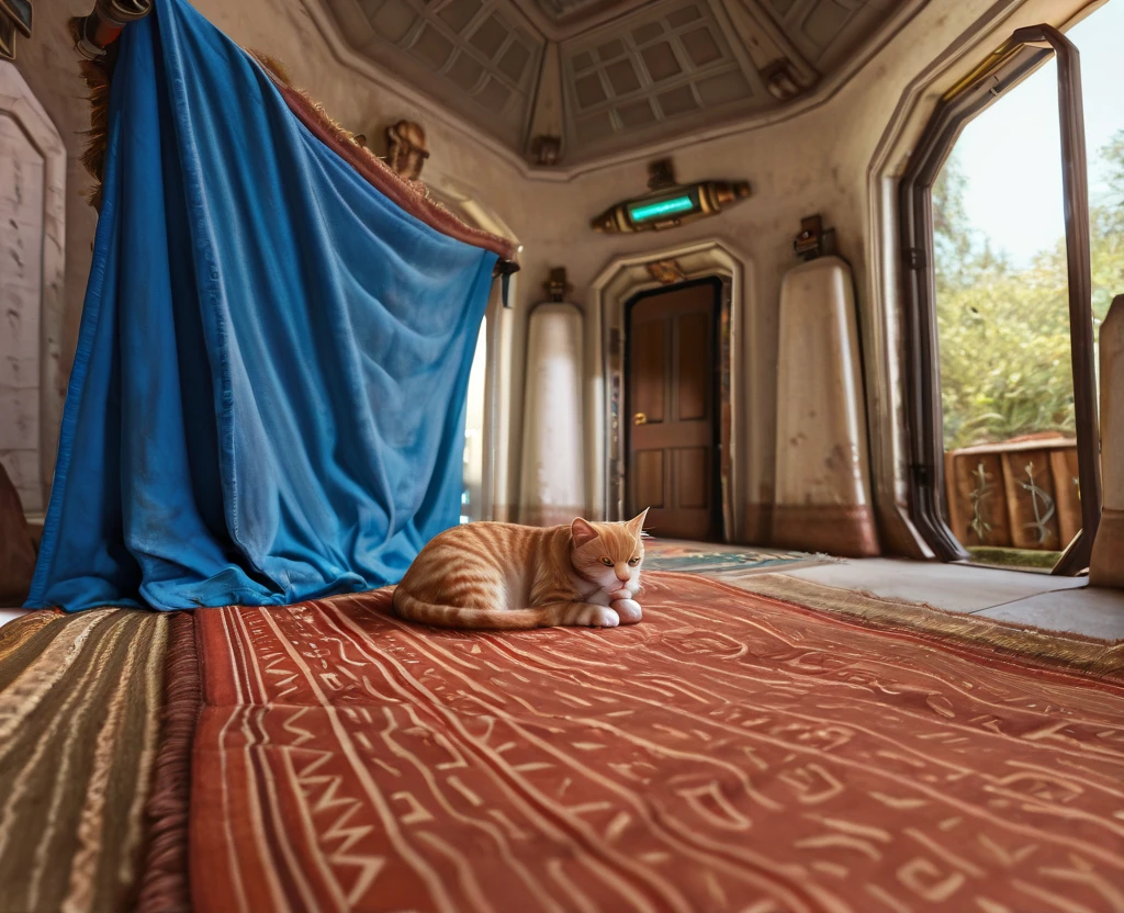 masterpiece, 1440p, 8k, UHD, amazing quality, high resolution,  <lora:Tatooine_Star_Wars_Illustrious:1> tatooine, homestead, star wars, rug, carpet, solo focus, cat closeup, indoors, door, animal focus, animal, food, blanket, table