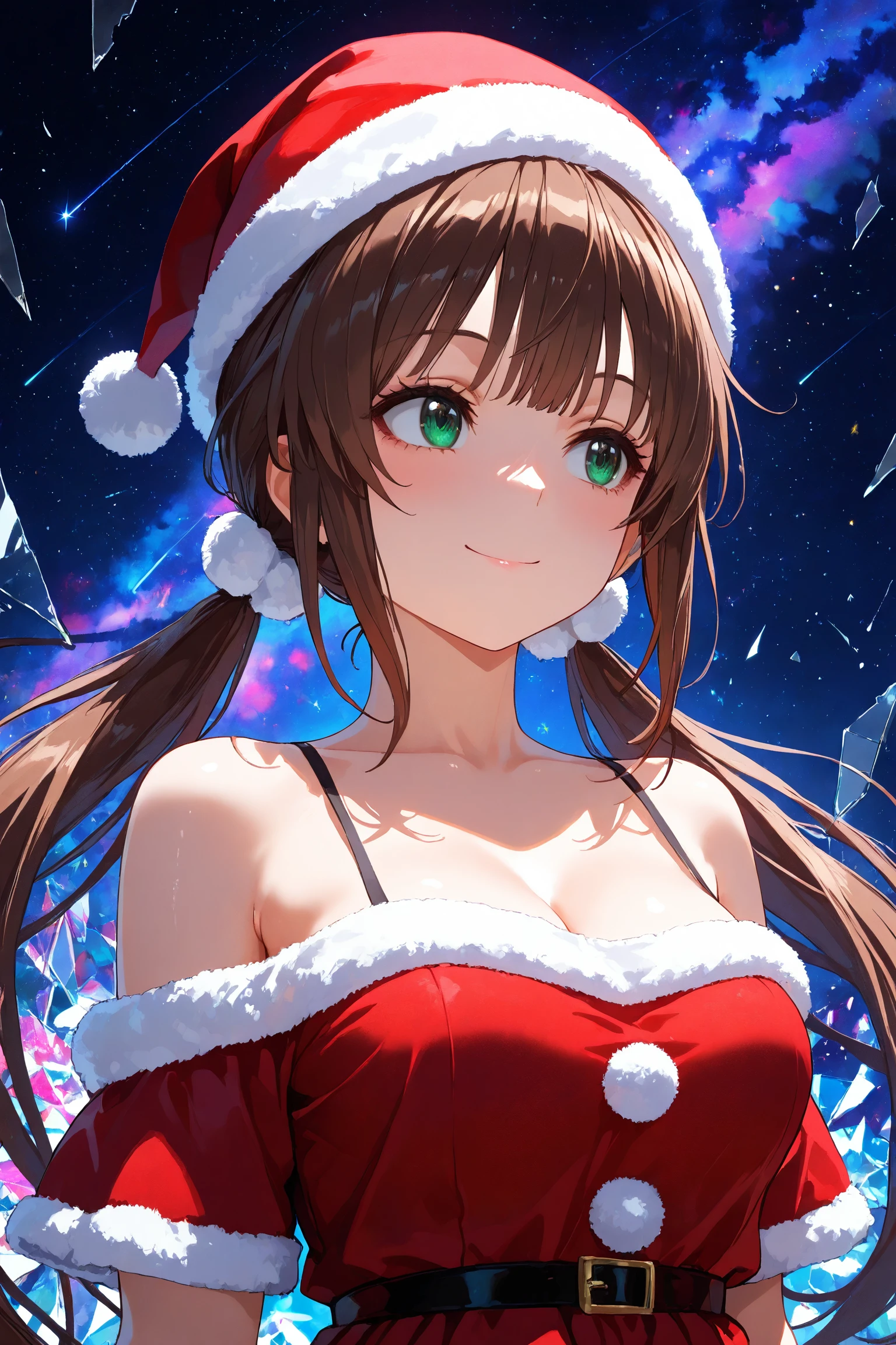 masterpiece, best quality, absurdres, newest, 3d, 1girl, abstract, abstract background, psychedelic, surreal, green eyes, close up, brown hair, santa hat, twintails, long twintails, red dress, exposed shoulders, breasts, night sky, shooting star, close up, face, looking away, smile, polka dots, glass shards, broken glass