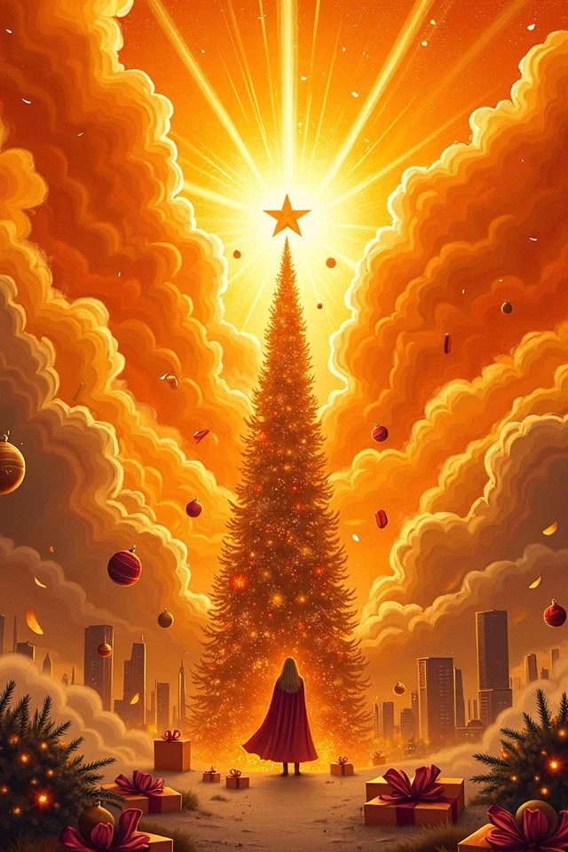 worxma style, smoke, ornaments, christmas tree, presents, explosion, illustration,
Supergirl in A city engulfed by a massive sandstorm, with the tops of skyscrapers just visible above the swirling sands, creating a haunting silhouette against an orange sky., 
High detailed, Brilliantly described, Flourishing detail, Refined narrative, 
<lora:War_On_Christmas_Flux:0.30>