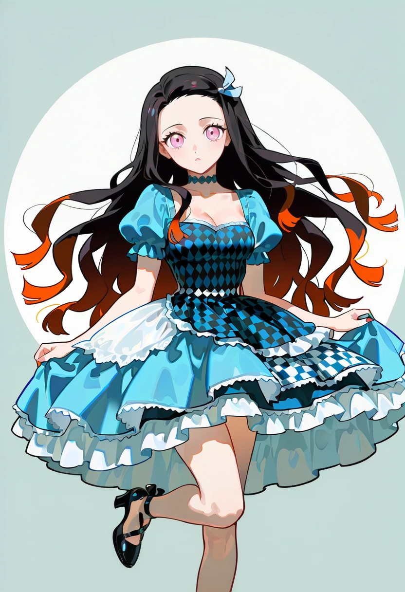 1girl,solo,looking at viewer, echo (circa),dress, short sleeves, checkered clothes, blue dress, choker, high heels,kamado nezuko, wonderland