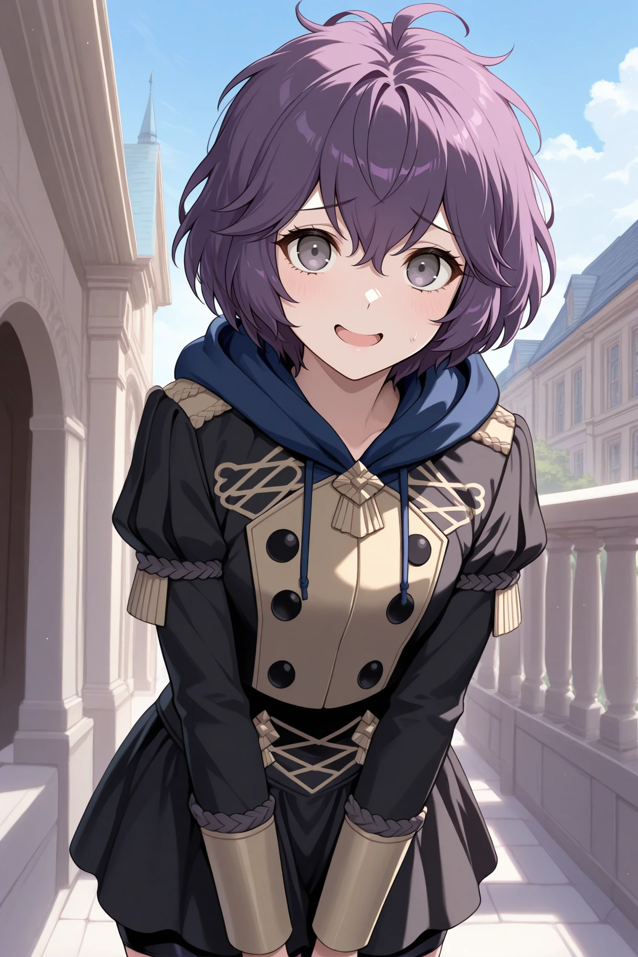 masterpiece, best quality, 1girl, solo <lora:febernadetta-illu-nvwls-v1-000006:1> dfbndta, purple hair, messy hair, hair between eyes, grey eyes, black jacket, hood down, blue hood, black buttons, black skirt, shorts under skirt, upper body, looking at viewer, smile, nervous, open mouth, blue sky, victorian architecture