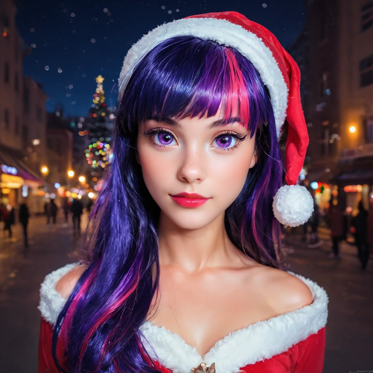 safe_pos, score_9, score_8_up, score_7_up, Twi in Christmas dress, 1girl,purple hair, cuitie face, beautiful purple eyes, photorealism, posing for photo in night city