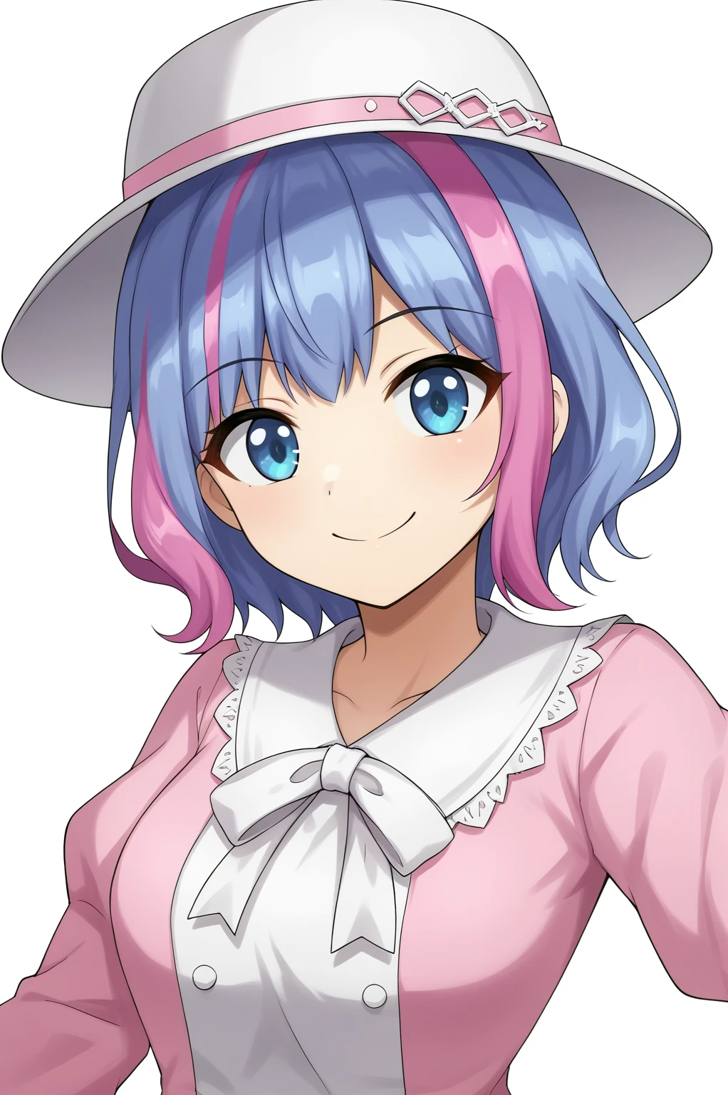 <lora:Kukuri_TomoVER2:0.8> Kukuri Tomo, short hair, dress, blue hair, pink hair, multicolored hair, hat, smile, upper body,