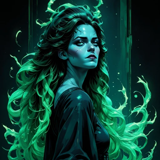 Digital ilustration in PaintedComicV4.0 style of a dark, moody, and ethereal style, featuring a hauntingly beautiful woman. The artwork is rendered in a digital medium, likely using software like Adobe Photoshop or Illustrator, with a focus on vibrant, glowing, and swirling effects. The woman has long, flowing hair that appears to be made of a glowing, ethereal substance, with colors shifting between various shades of teal and green, creating a mesmerizing, almost liquid-like texture.