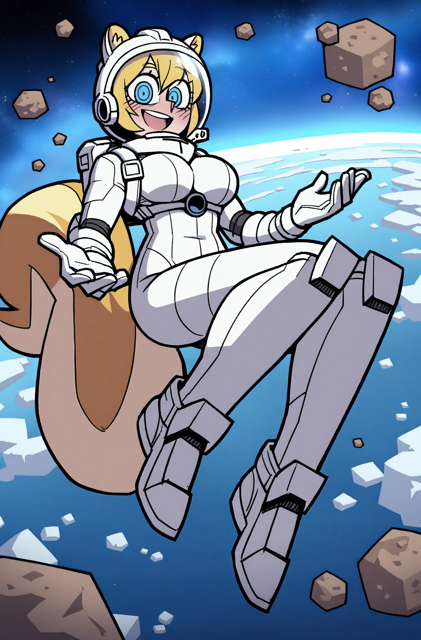 masterpiece, best quality, Vanripper, 1girl, space, animal ears, tail, spacesuit, blue eyes, blonde hair, helmet, astronaut, solo, squirrel tail, planet, space helmet, squirrel girl, , open mouth, blush, squirrel ears, earth \(planet\), , short hair, floating, smile