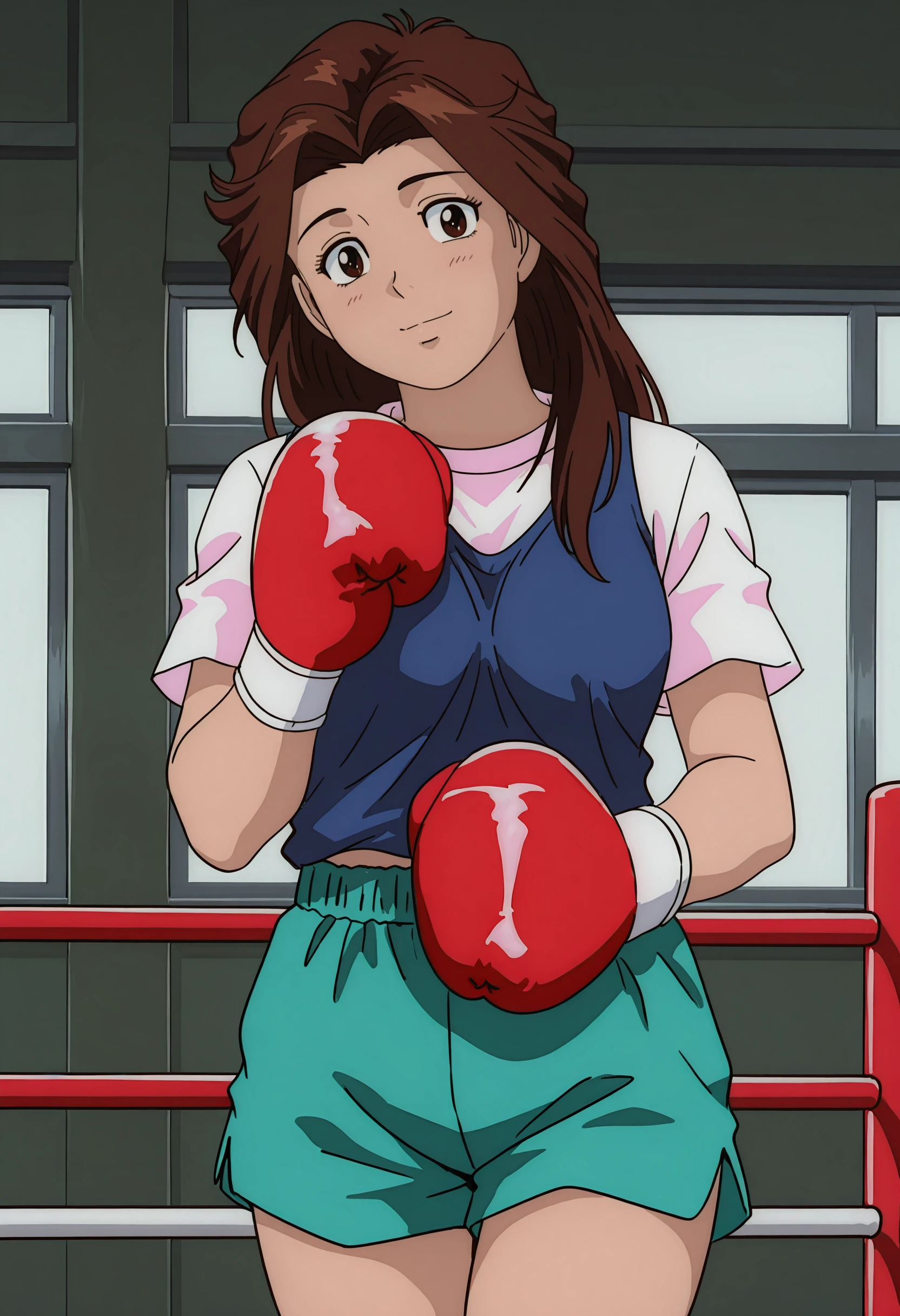 perfect quality, high quality, masterpiece, absolutely eye-catching BREAK
<lora:Hajime_no_Ippo_-_Kumiko_Morita:1> ippokumikomorita, brown eyes, brown hair, long hair, curtained hair BREAK
indoors, boxing ring, dappled sunlight BREAK
red boxing gloves, white t-shirt, blue tank top, aqua shorts, red and white sneakers, loose socks BREAK
standing, light smile, cowboy shot, head tilt, looking at viewer