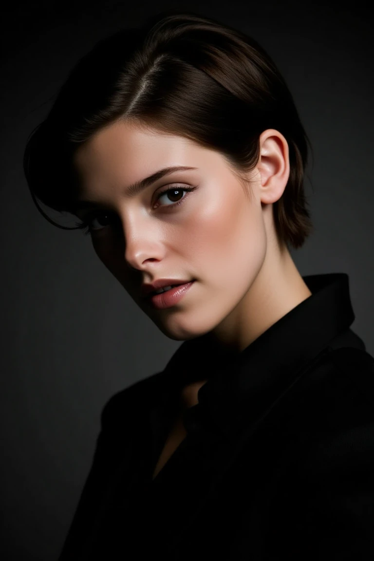 Create a close-up, high-fashion portrait of a woman with striking eyes and a calm, confident expression. She wears a sophisticated black outfit that exudes elegance and minimalism. The background is a smooth gradient of dark gray, enhancing the overall refined and contemporary aesthetic. The lighting is soft yet directional, highlighting her flawless complexion and subtle makeup, with a focus on her eyes and cheekbones. The mood of the portrait is polished, modern, and artistic. She has short tousled  hair.