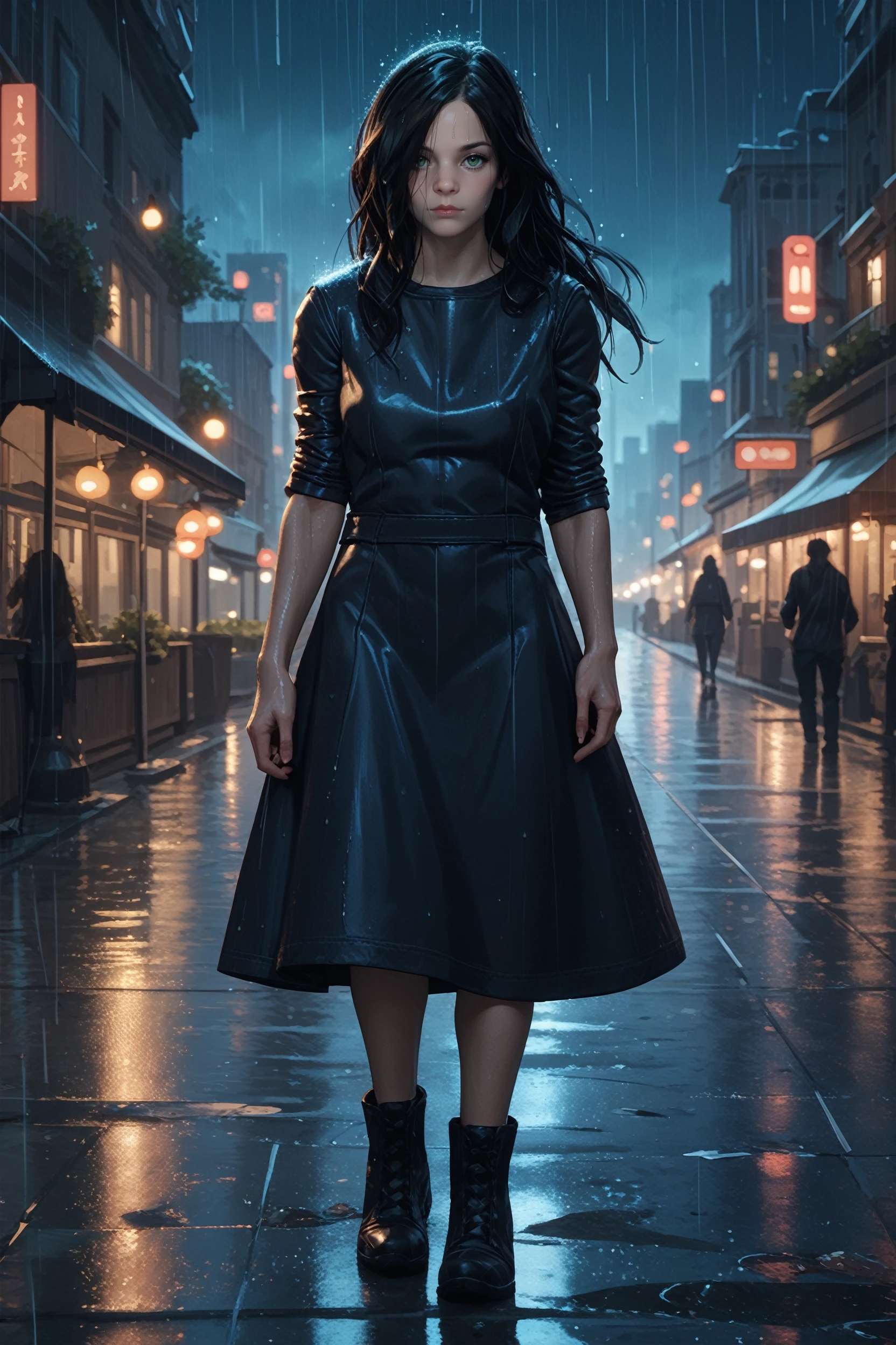 score_9, score_8_up, score_7_up, score_6_up
<lora:RE7Eveline:0.8>
RE7Eveline, 1girl, black hair, long hair, green eyes, looking at viewer, standing, full body, rain, at night, cityscape