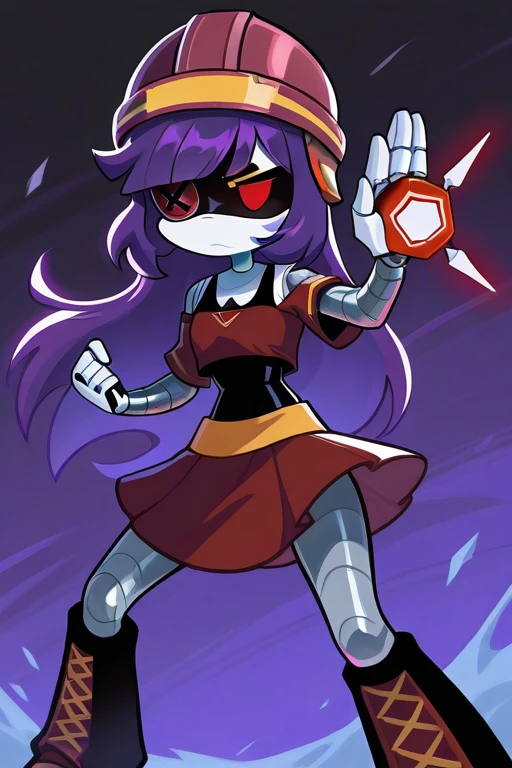 masterpiece, best quality, 2D, 1girl, solo, D0ll, Purple Hair, Red Eyes, Robot, Visor, red helmet, Red Crop Top, Black tank top, red skirt, button eye, eyepatch, fighting stance