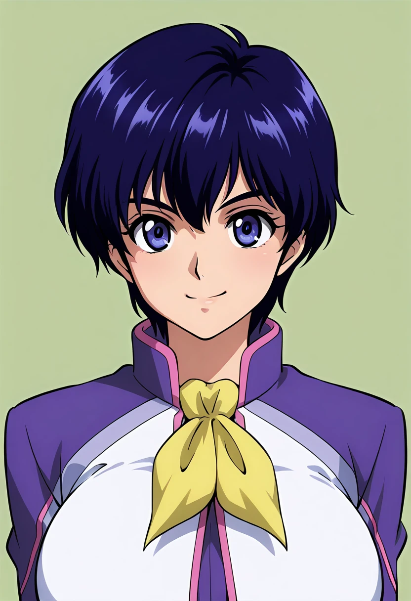 masterpiece, best quality, good quality, 1girl, claire heathrow, short hair, blue hair, blue eyes, uniform, smile, huge breasts