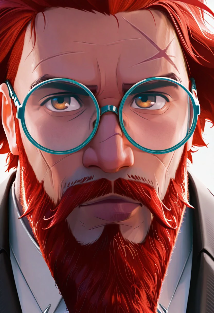 masterpiece, best quality, newest, absurdres, highres, SpiderversestyleIL-V1.0, 1boy, glasses, red hair, suit, round glasses, beard, facial hair, mustache, scar, scars on face, male focus