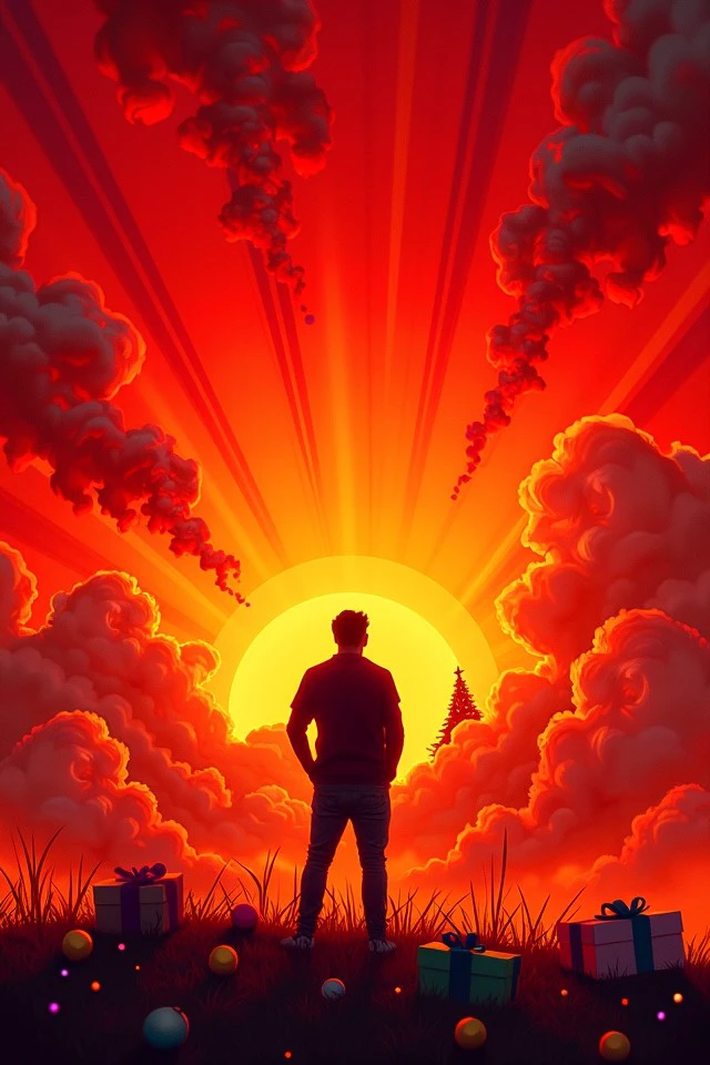 worxma style, smoke, ornaments, christmas tree, presents, explosion, illustration,
A lone man standing in front of a blazing sunset on the horizon: The sky is a brilliant red and orange, with clouds streaked across the expanse. The man stands silhouetted against the glowing light, their form small against the vast, fiery sky. , 
Top-notch quality, Thoroughly illustrated, Inimitably detailed, Unlimited detail, 
<lora:War_On_Christmas_Flux:0.25>