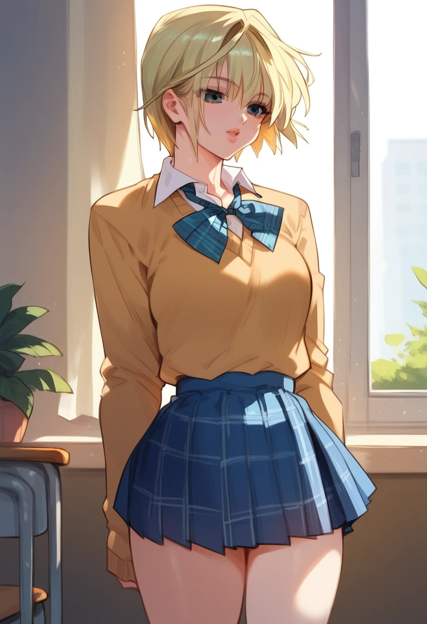 score_9, score_8_up, score_7_up, score_6_up, score_5_up, score_4_up, masterpiece, best quality, BREAK,
1girl, indoors, school, <lora:Nishino_Tsukasa_Ichigo_100_pony:1> tsukasa100, short hair, blonde hair female, school uniform, long sleeves, plaid skirt, <lora:Lucyla_Style:1>