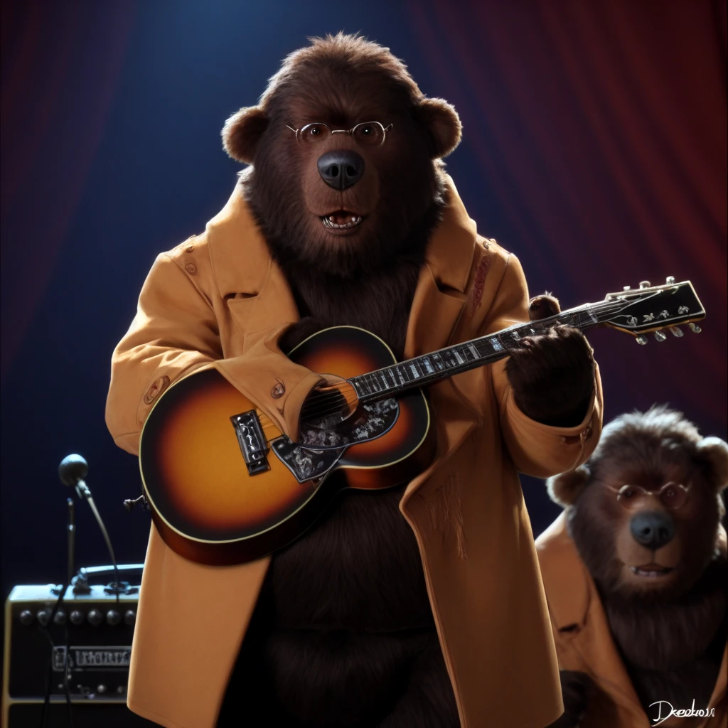 ted bedderhead, big bear, tall, dark brown fur, bara, belly, standing tall, glasses, black nose, wearing coat, playing a guitar, in a music hall