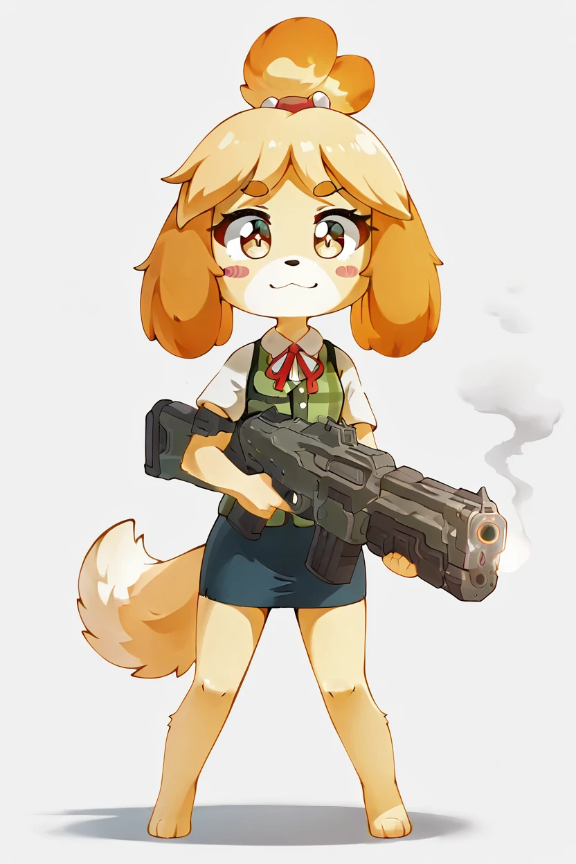 masterpiece, best quality, eyelashes, (beautiful eyes), solo, zzIsabelleDoom, brown eyes, topknot, dog ears, (BFG:1.2), gun focus, :3, barefoot, blue skirt, blush stickers, brown eyes, dog tail, full body, green vest, gun, hair bobbles, hair tie, holding, holding gun, holding weapon, jestami, neck ribbon, nintendo, plaid clothes, plaid vest, red ribbon, ribbon, simple background, skirt, smoke, standing, tail, vest, weapon, white background, chibi, big gun, blooming stars, luminescent petals, otherworldly fragrance blurry background, <lora:IsabelleDoomSlayerIXL:1.0>,