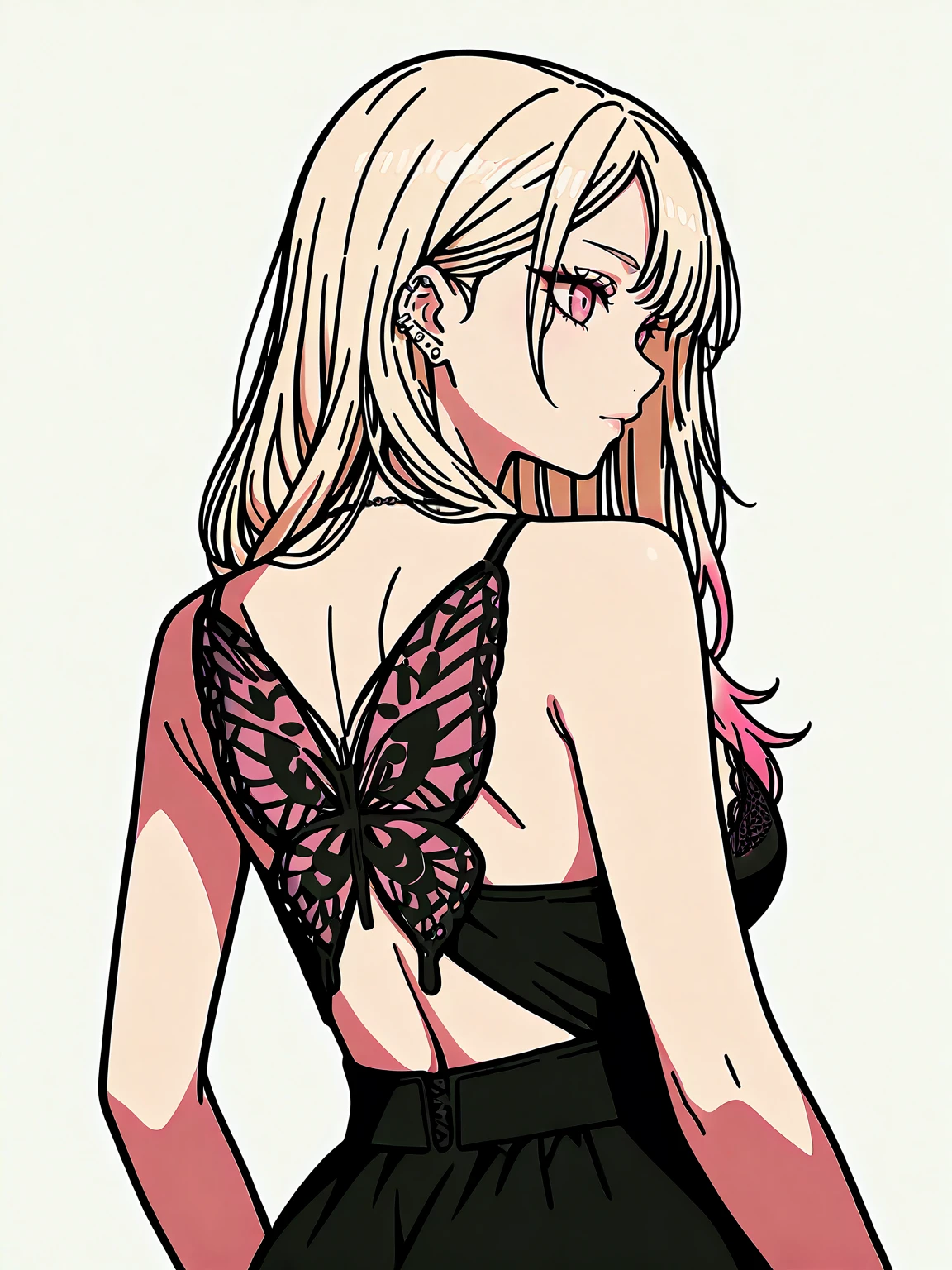 Masterpiece,best quality,vector art,looking at viewer,lineart,
butterfly_top, a woman in a black dress with a butterfly back ,wearing butterfly_top, butterfly design embroidery, back view
<lora:edgButterflyILS:1>
 <lora:Hoseki_MyDressUpDarling_MarinKitagawa_PDXL_v1:1> mrnktg, long hair, multicolored hair, colored tips, blonde hair, pink eyes, large breasts, ear piercing