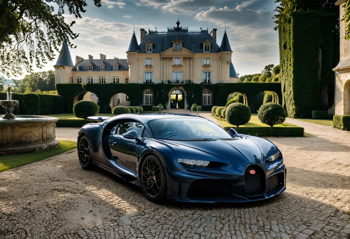 <lora:bugattich1r0n:1>,A midnight blue, bugatti ch1r0n parked outdoors in front of a majestic French château. The car, with its glossy metallic blue exterior and sleek black accents, is perfectly positioned on a cobblestone driveway leading to the château. The château features classic French architecture with large arched windows, intricate stonework, and tall, elegant towers. The setting is bathed in soft golden sunlight, creating a warm and luxurious atmosphere. Surrounding the château are neatly trimmed gardens, fountains, and lush greenery, enhancing the sense of grandeur. The scene combines automotive excellence with historical elegance."
<lora:SDXLFaeTastic2400:0.4> <lora:extremely_detailed:0.4> extremely detailed, Masterpiece,best quality,hi res,8k,hi res,8k,award winning,(sharp focus, intricate, highly detailed),
