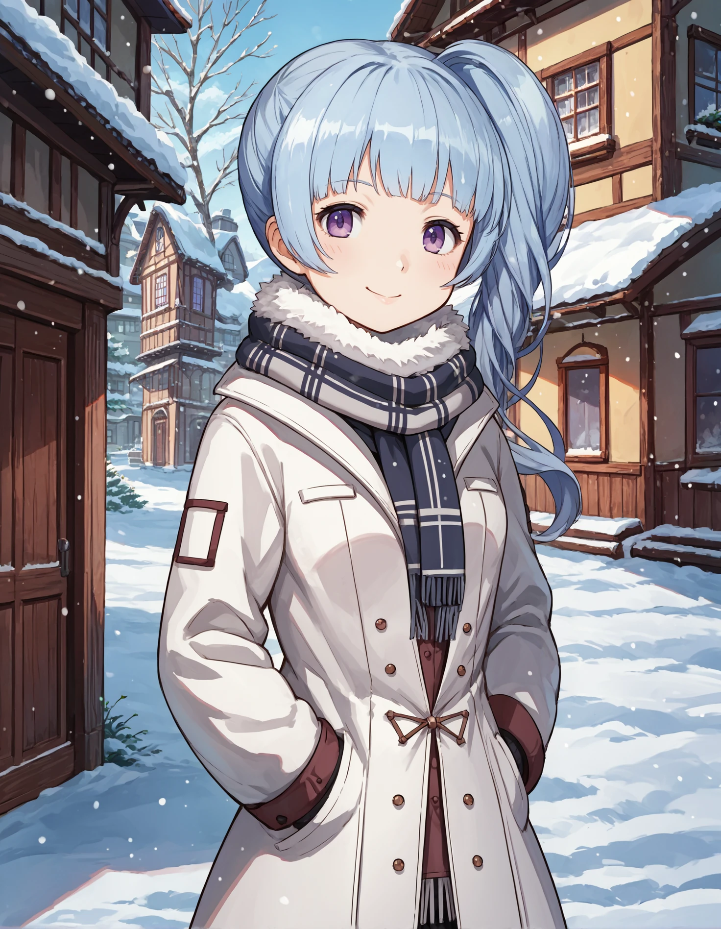 score_9, score_8_up, source_anime, 1girl, upper body, medium shot, detailed, mgrckumiseika, light blue hair, side ponytail, purple eyes, black winter trench coat, scarf, hands in pockets, winter, snow, smiling, outdoors, village, day, <lora:mgrckumiseika_XL:0.95>