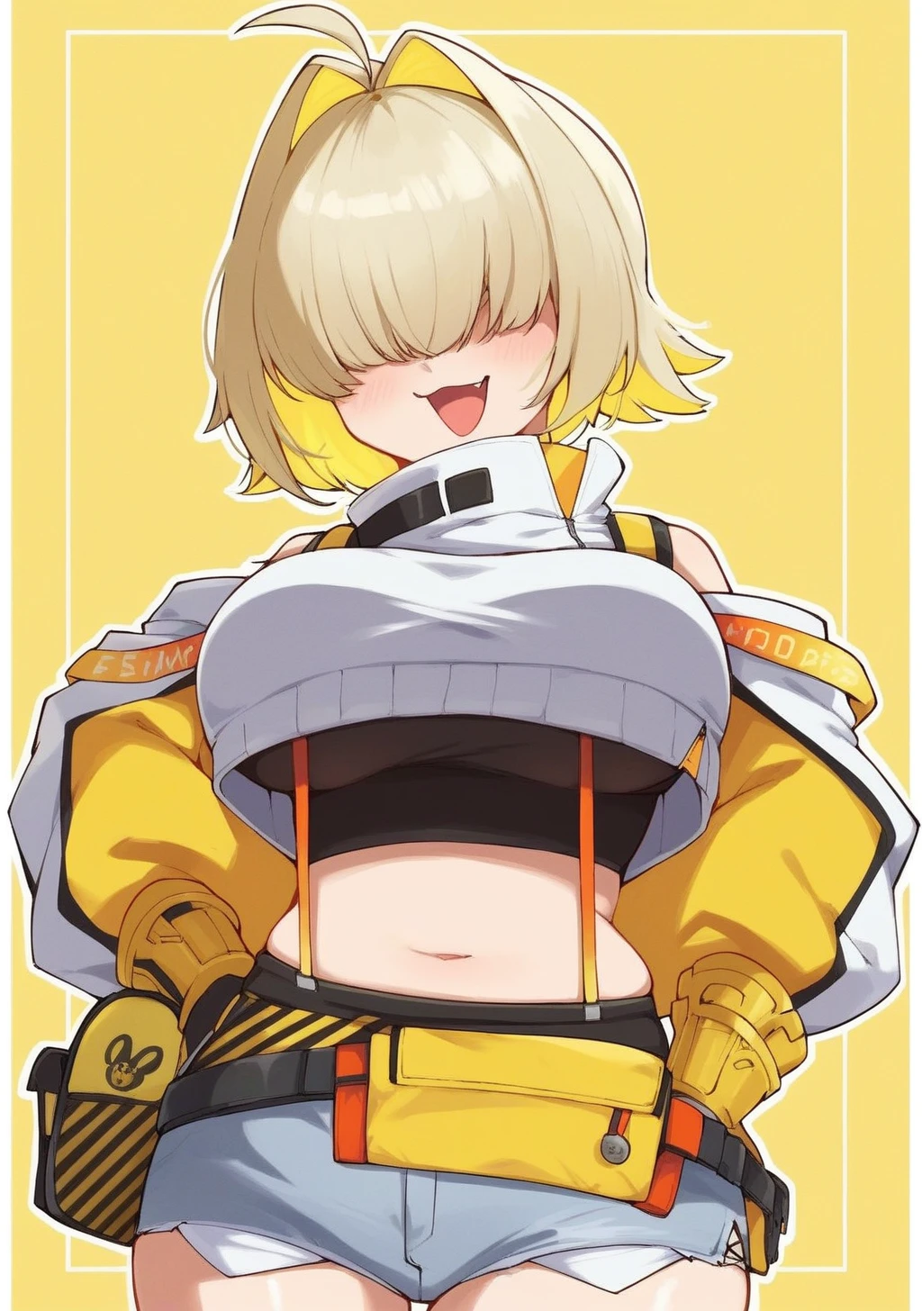 high resolution、High definition、One cute gal with tiger ears and a tiger tail、front、Cross your arms、Elegant figure、Short Hair、Golden Hair、A smiling smug face、Black Aloha Shirt、Belly button、Groin、Low rise