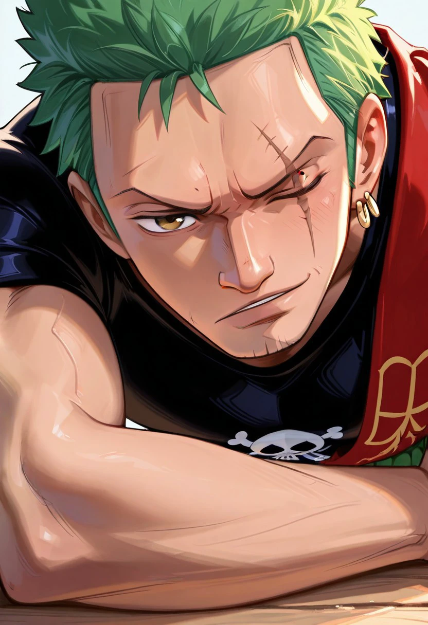 masterpiece, best quality, newest, absurdres, highres, SpiderversestyleIL-V1.0, 1boy, Zoro /(one piece/), green hair, one closed eye, one eye open, scar over eye,