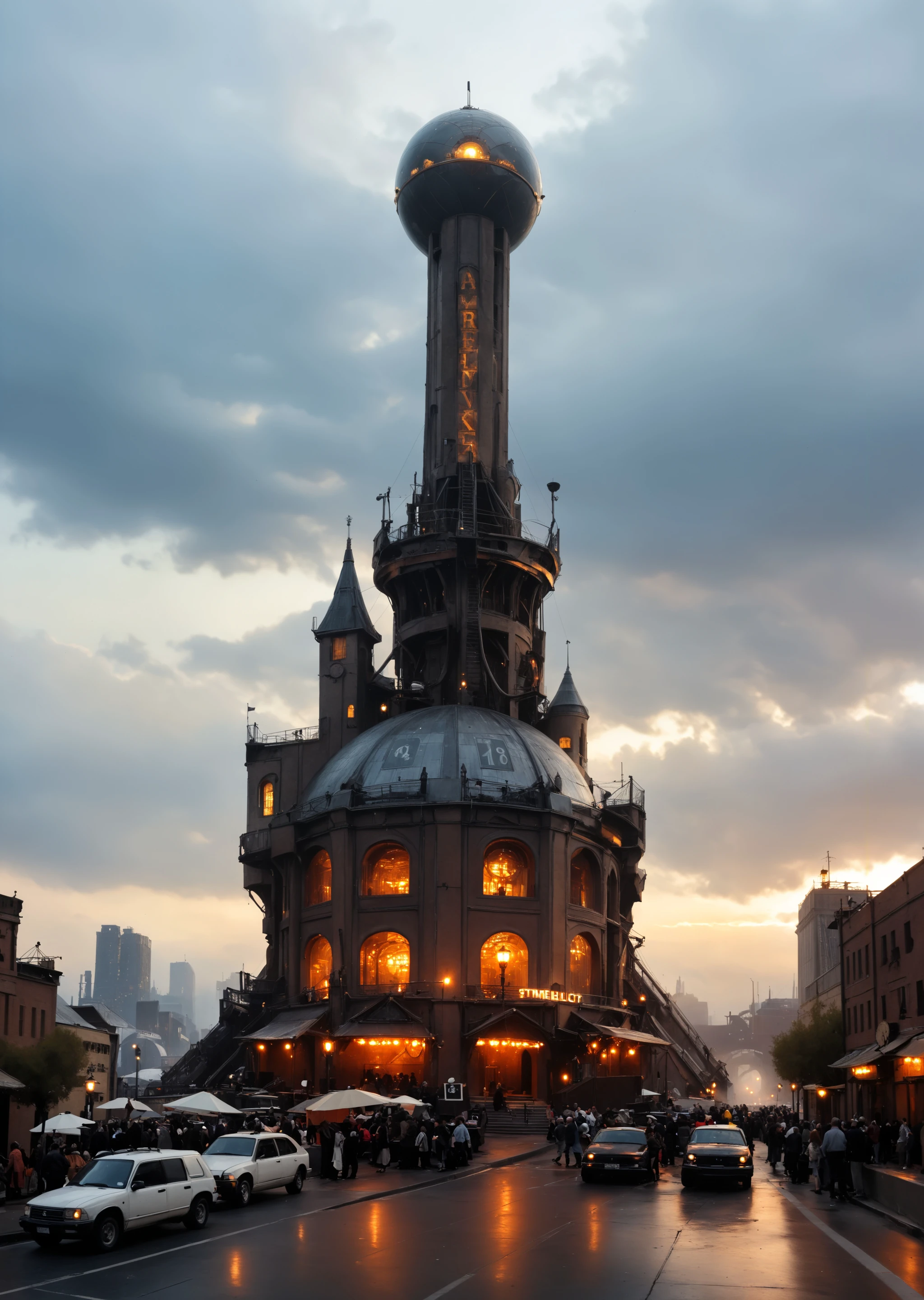 depicting a sprawling, fantastical cityscape with a steampunk aesthetic. The layout is a wide panoramic view showcasing a dense array of intricately designed buildings with pointed spires, domes, and elaborate architectural details. The structures are predominantly dark with hints of blue and bronze, creating a moody atmosphere. In the sky, several airships float among the clouds, adding to the steampunk theme. The city is bathed in a soft, diffused light, suggesting either dawn or dusk, with a warm glow emanating from windows and streetlights. Smoke rises from chimneys, contributing to the industrial feel. The foreground features a large, ornate dome with intricate patterns, while the background reveals a vast city stretching into the distance, with towering buildings silhouetted against the sky. The overall scene is rich in detail, evoking a sense of wonder and adventure.<lora:lora\zavy-cntrst-sdxl.safetensors:1.0:1.0><lora:lora\xl_more_art-full_v1.safetensors:1.0:1.0><lora:lora\Add_more_details_V2_XLpony.safetensors:1.0:1.0><lora:lora\sdxl_enhance.safetensors:1.0:1.0>