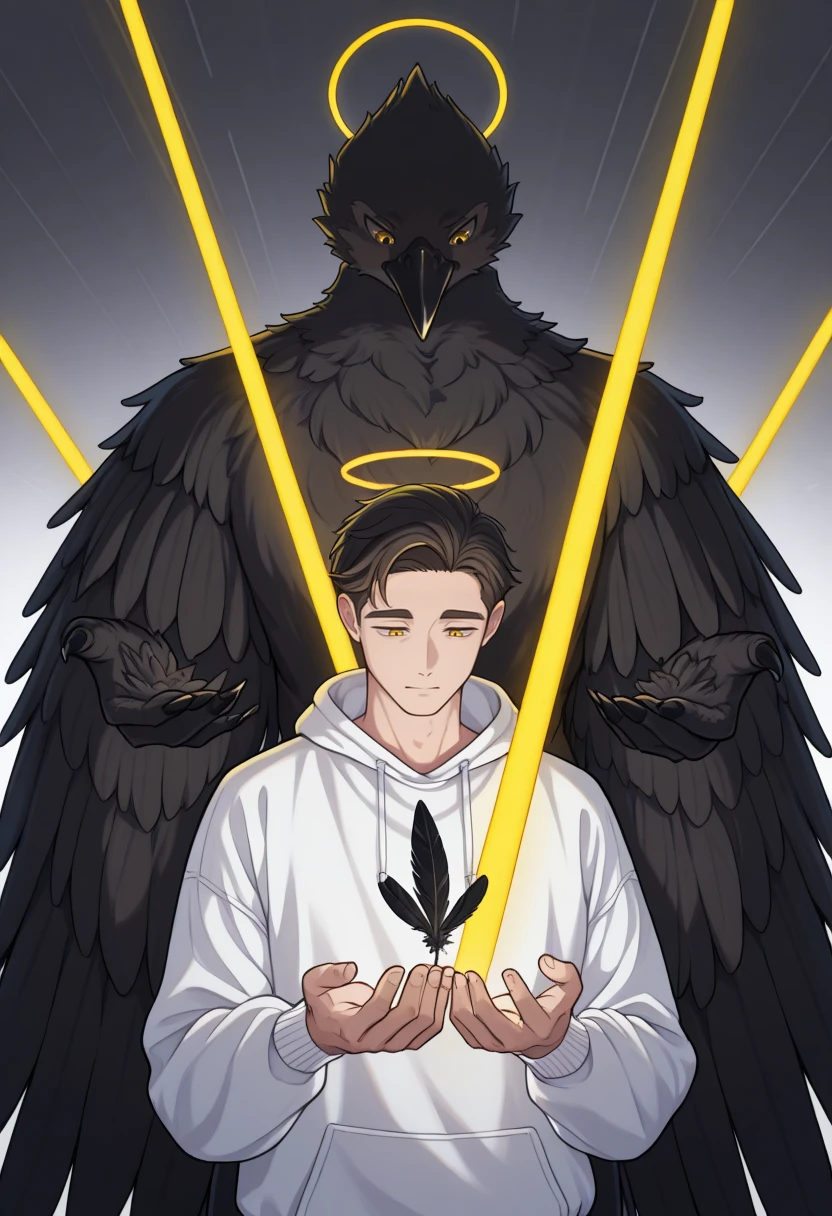<lora:Lines_Light_Background_Illustration:1.0>, lines_light_background, white background,dynamic yellow neon line in the background, (black spear through him:1.2), spears, white hoodie, look down, 1boy, floating, halo, yellow eyes, mature, black feathers on hands,