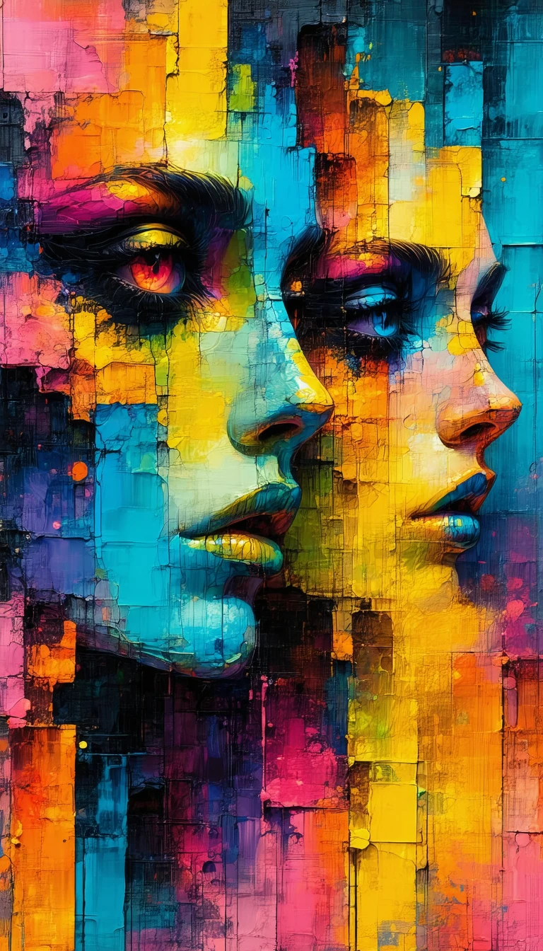 The image presents a surreal and abstract representation of a human face. The face is composed of various geometric shapes and structures, including cubes, rectangles, and triangles, arranged in a complex manner. The face is set against a vibrant, colorful background, which is a mix of yellow, green, and blue hues. The face is centrally positioned in the image, drawing the viewer's attention. The image is a digital art piece, created using a technique that blends the face with the surrounding environment.