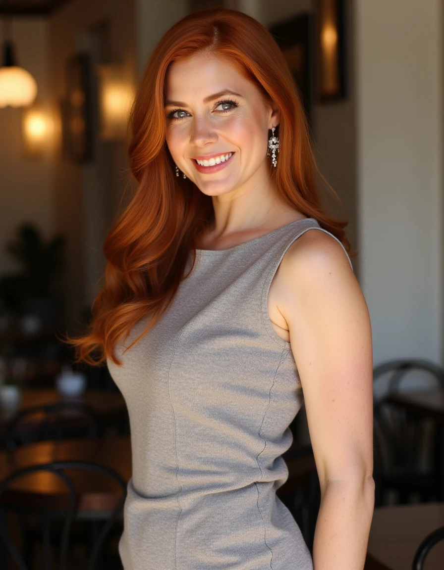 <lora:Amy_Adams_Flux:1> This is a  beautiful photograph of a woman, red hair cascades around her shoulders, framing her face. She is wearing a boatneck dress, Standing in a cafe. Looking at the viewer. Smile.