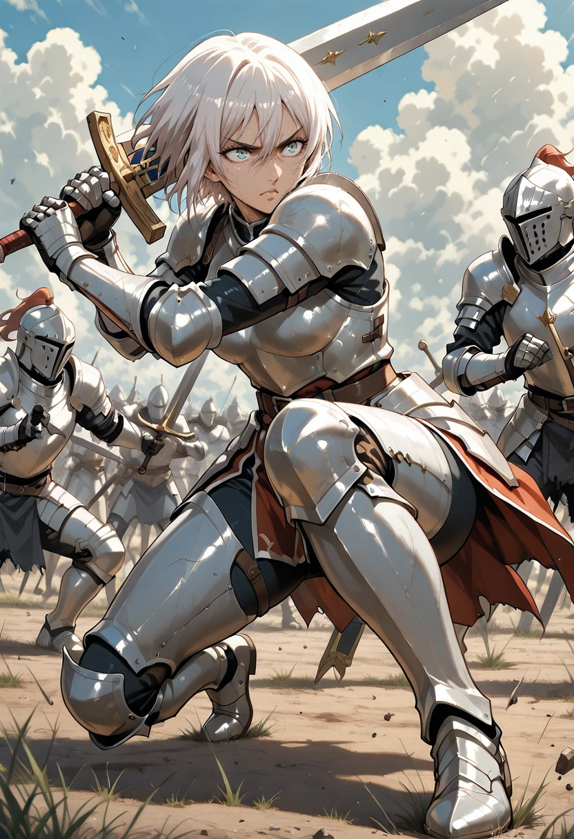 1girl, gc_lynway <lora:Lynway:0.8>, anime style, knight, no helmet, battle, fighting stance, holding greatsword,