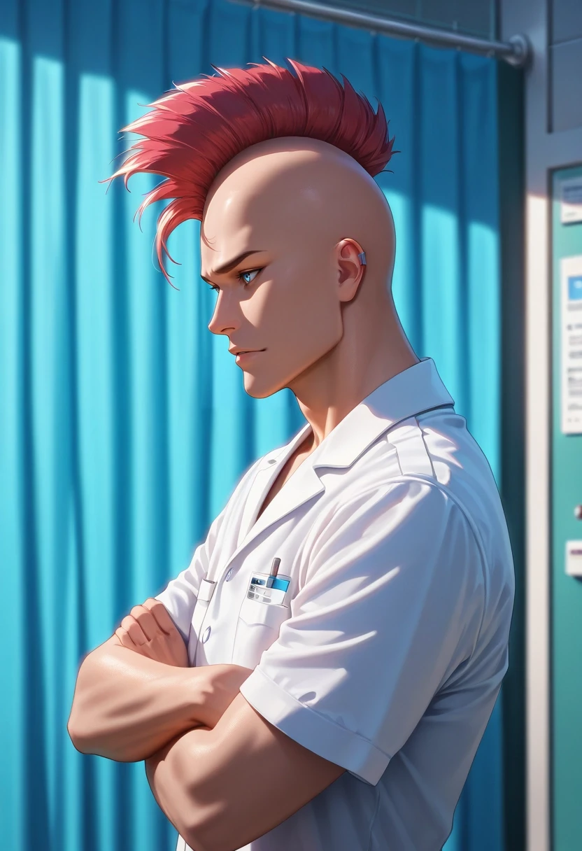 masterpiece, best quality, , (photorealistic:0.6), , depth of field, 1boy, solo, male focus, <lora:bazzard_black_ilxl:0.94>, bazzard_black, red hair, blue eyes, short hair, mohawk, , , from side, hospital, dawn, crossed arms, relaxed,