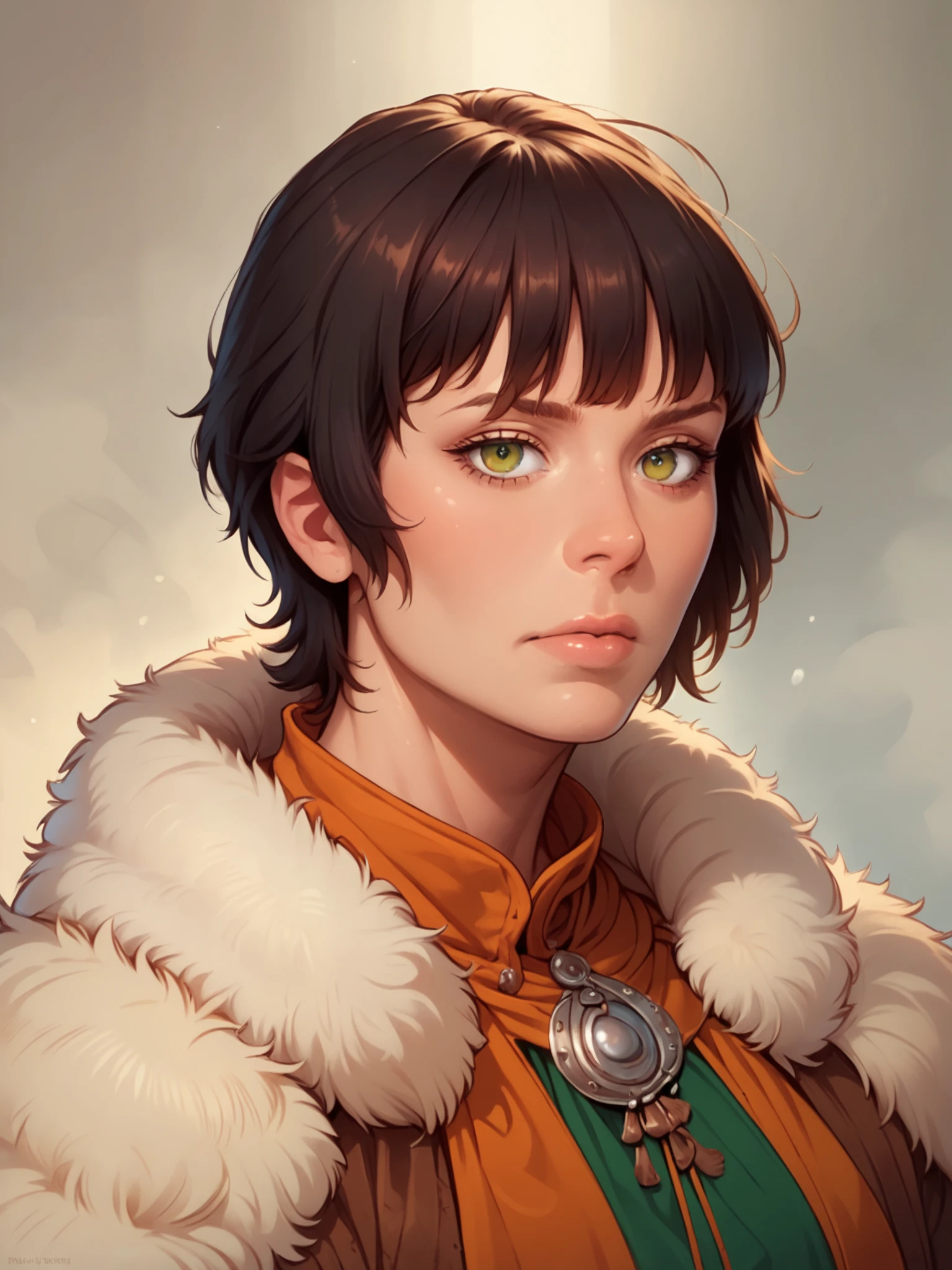 score_9, score_8_up, score_7_up, score_6_up, SFW, Karin Spolnikova, portrait, standing, short haircut, neat hairstyle, black hair, bang, looking at viewer, atmospheric magical background, barbarian, fur mantle, <lora:Karin_Spolnikova_pony_v1.0:0.9>