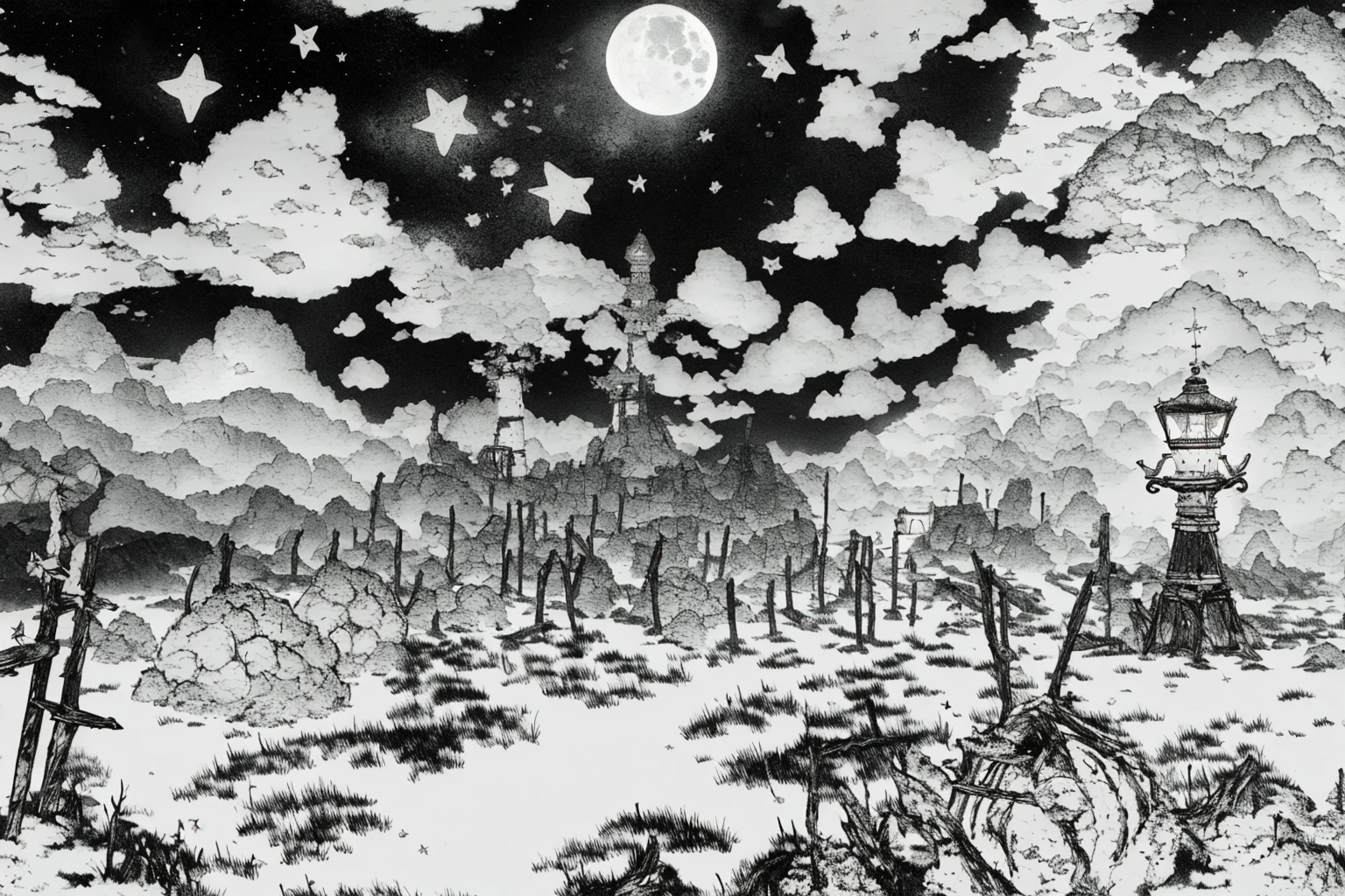 (((monochrome))), masterpiece, ultra-detailed, best quality, illustration, 8k cg wallpaper, an extremely delicate and beautiful, stunning landscape, beach, lighthouse, moon, stars, clouds, intricately detailed items in background, <lora:tCA:1>