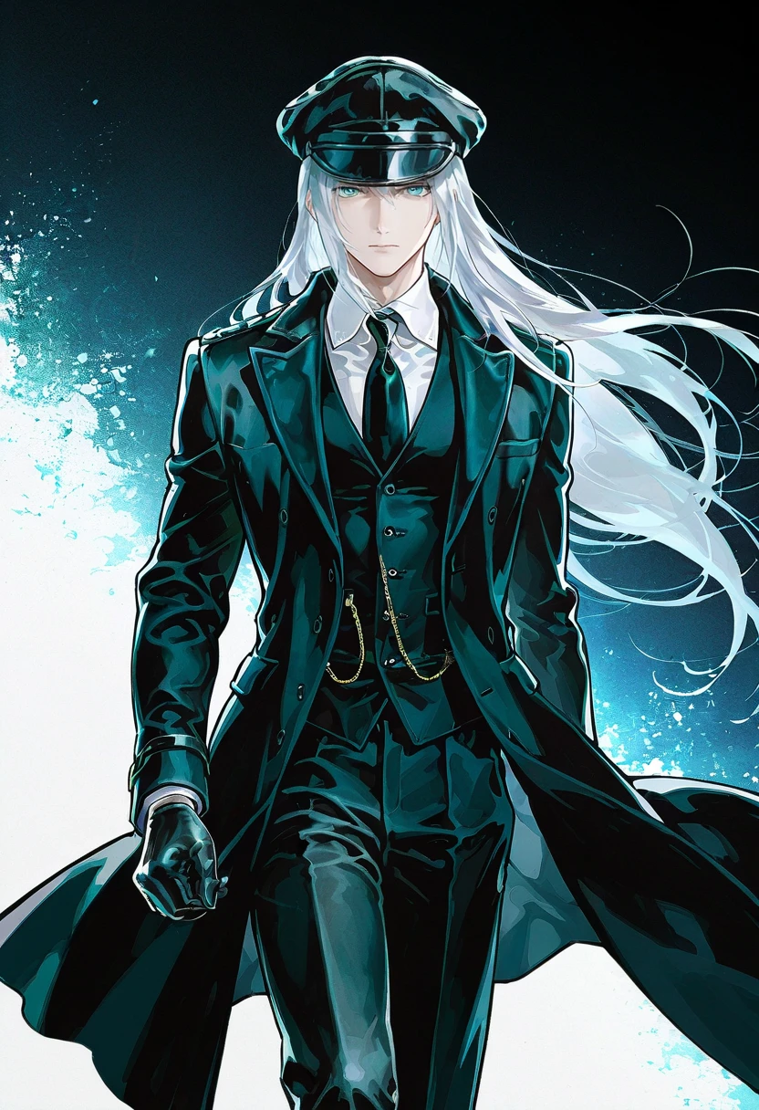 1boy,male focus,solo,looking at viewer, ikeda ruriko,pb clothing, hat, black necktie, black gloves, vest, black coat, white shirt, pants, collared shirt, suit, sephiroth