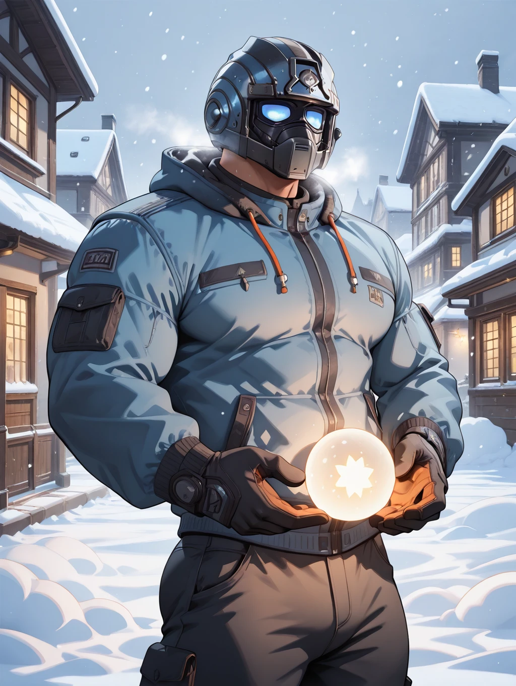 <lora:Anthony_Carmine_IL-10:0.92> anthonycarmine, 1boy, helmet, winter jacket, long pants, town, snow fog, snowing, winter, male focus, cowboy shot, solo, muscular, bara, glowing, gloves, masterpiece, best quality