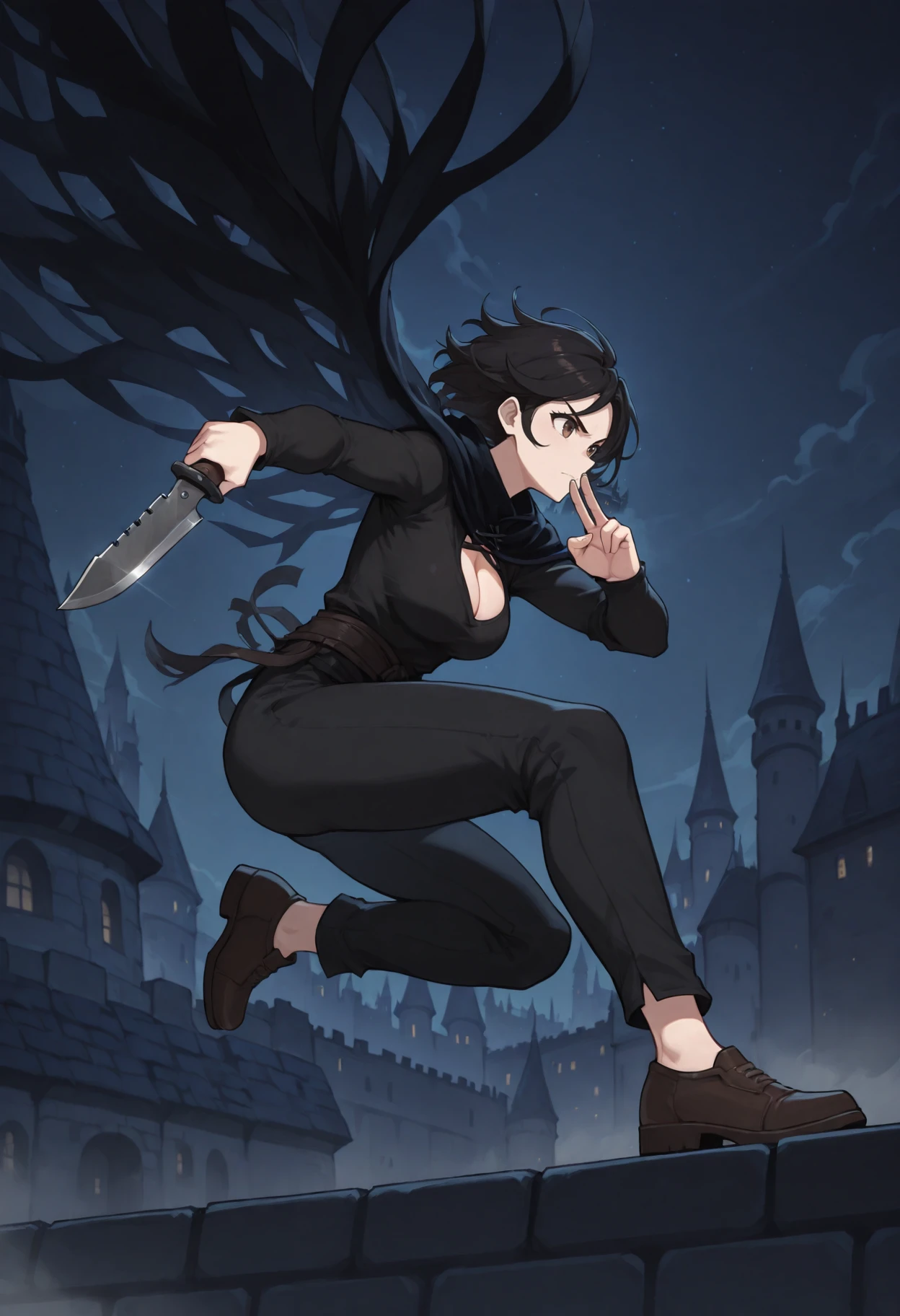 v1n, fighting stance, knife, 1girl, solo, tasselled cloak, brown eyes, short black hair, black shirt, cleavage, black pants, brown shoes, castle, night, <lora:VinIllustrious:0.8>