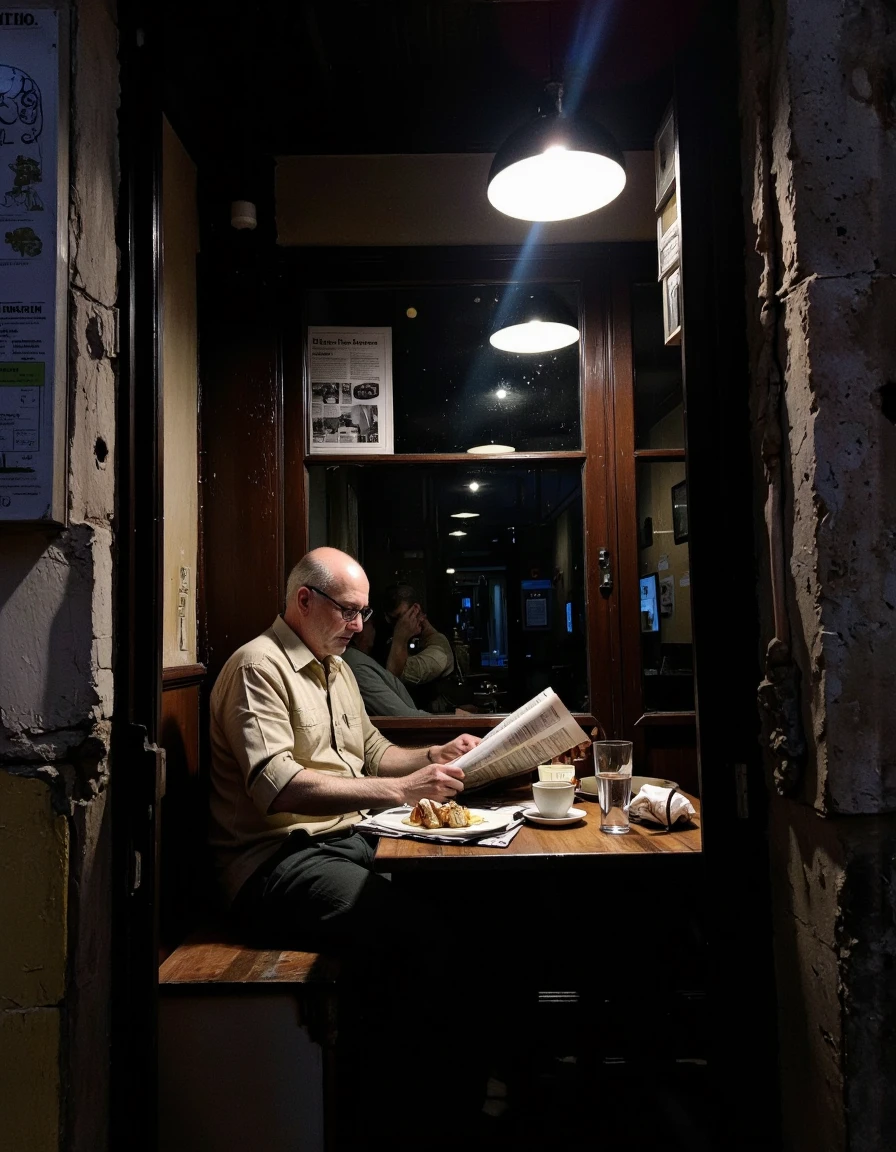 This photograph captures a quaint, dimly lit café interior scene, likely in an old, possibly European setting. The main subject is an elderly man with a bald head and glasses, dressed in a beige shirt, sitting alone at a wooden table. He is engrossed in reading a newspaper, with a glass of water and a cup beside him. The table is cluttered with a small plate, a glass, and a napkin holder. <lora:Dark_side_of_light:0.55>