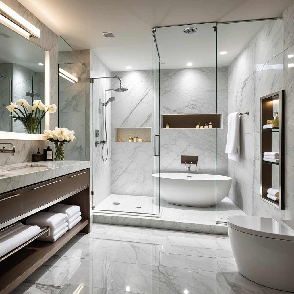 A luxurious glass shower in the interior of a 5-star hotel bathroom. The shower is spacious with floor-to-ceiling glass panels framed in polished chrome. The walls are covered in elegant white marble with subtle grey veining, giving a sophisticated and clean aesthetic. The floor inside the shower features small mosaic tiles in shades of white and silver, adding texture and refinement.
A rainfall showerhead is mounted on the ceiling, crafted from brushed stainless steel, along with a sleek handheld shower on the side wall. Built-in recessed shelving holds neatly arranged high-end toiletries and folded white towels. Soft warm lighting emanates from concealed LED strips, highlighting the reflective surfaces and creating an inviting ambiance.
The shower door is slightly ajar, revealing a fluffy white bathrobe hanging on a nearby hook. Beyond the glass shower, the rest of the bathroom features large-format marble tiles and a floating vanity with a quartz countertop. The atmosphere is serene, modern, and opulent, evoking a sense of calm and indulgence.
<lora:SDXLFaeTastic2400:0.4> <lora:extremely_detailed:0.4> extremely detailed, Masterpiece,best quality,hi res,8k,hi res,8k,award winning,(sharp focus, intricate, highly detailed),