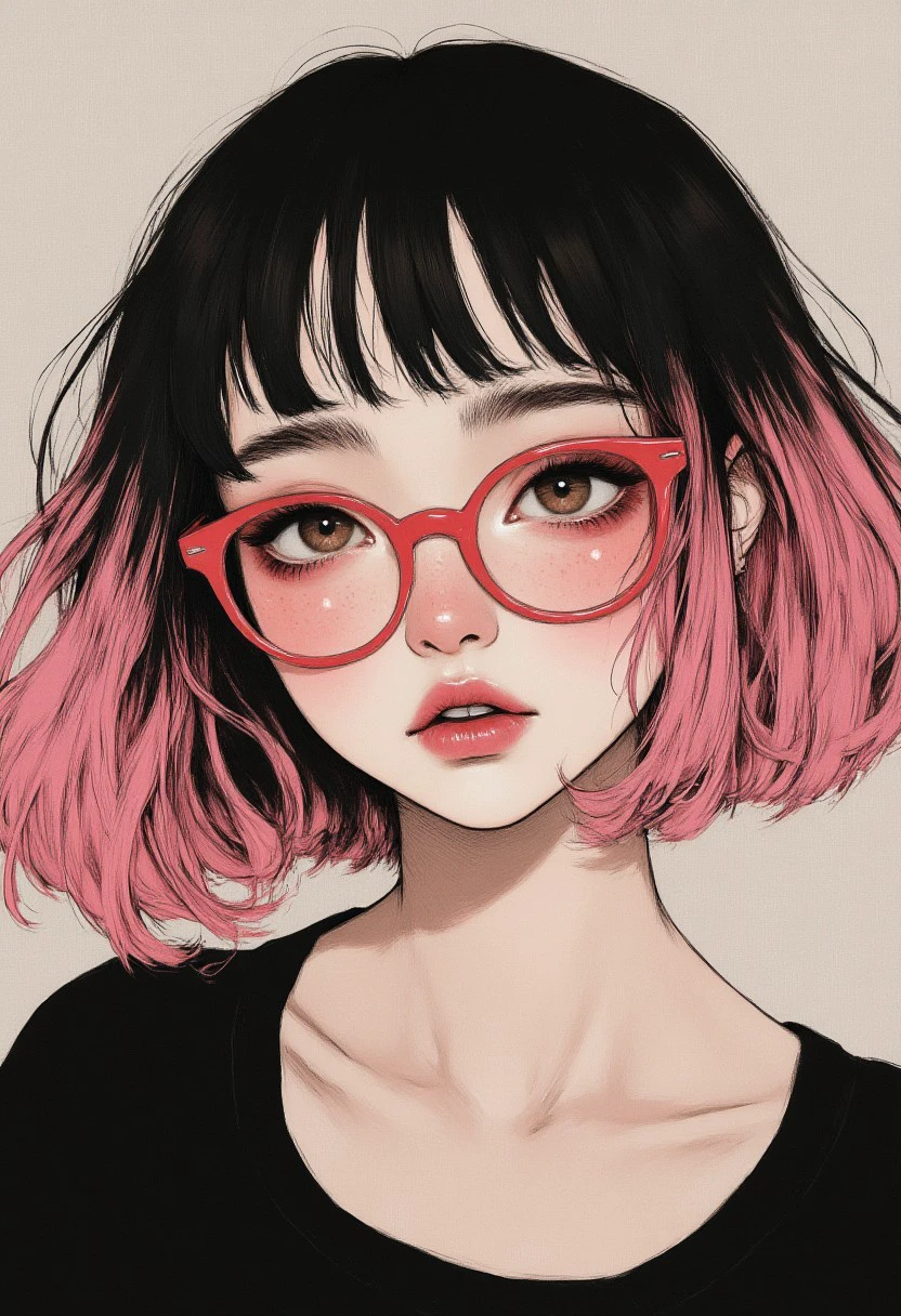 Japanese emo girl with black and pink gradient bobcut hairstyle, red rimmed glasses and bright brown eyes, MoodyGirls