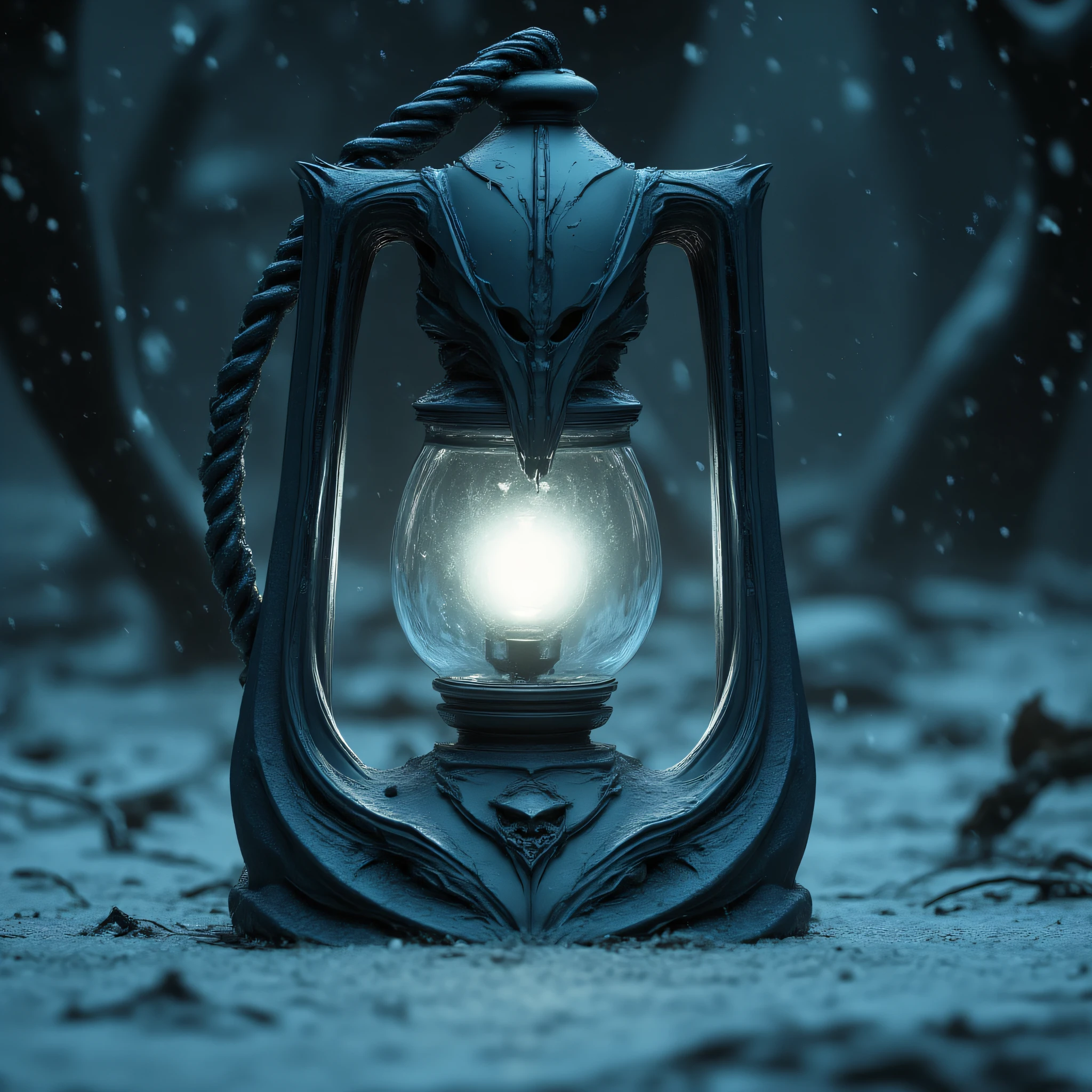 ArsMJStyle, Eldritch Sci-Fi, The image shows a lantern in the middle of a snowy forest illuminated by a light in the center. The background is blurred giving the image a dreamy ethereal feel., no humans, snow, helmet, armor, blurry, snowing, solo, night, outdoors