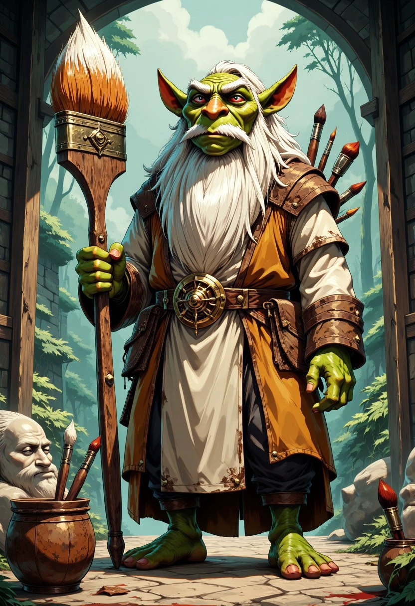 Stylized comic ilustration of green skined gremlin with long white beard, gremlin hold a big brush that is bigger then him, the brush is stained with paint, the gremlin is dressed in renaissance clothing resembling leonardo Da Vinci and an apron, also wears multiple pouches with smaller brushes and sculpting tools sticking out of them